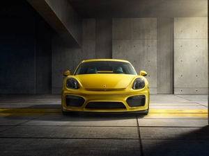 Front, Yellow, Porsche Cayman GT4