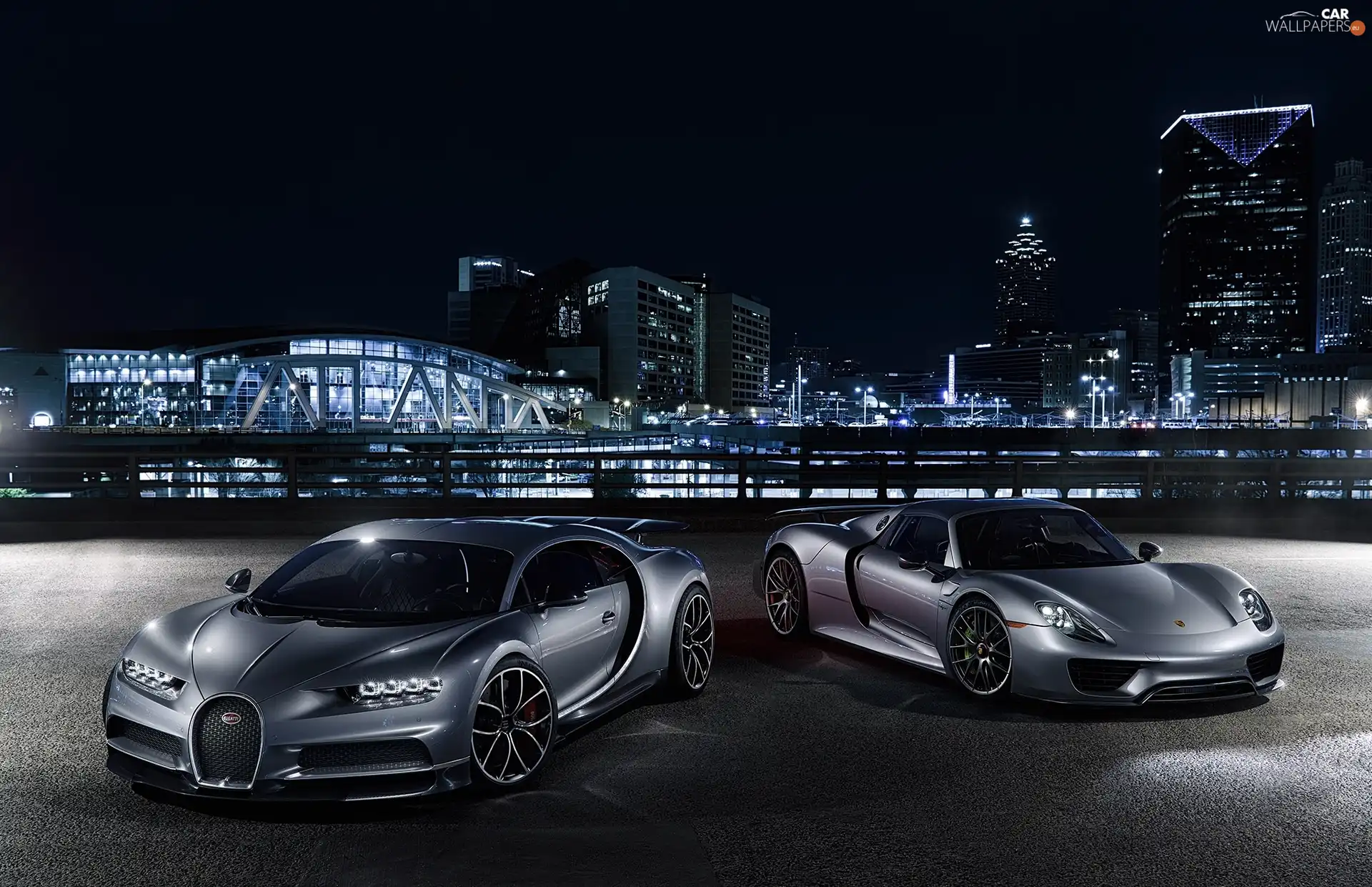 Porsche 918 Spyder, Bugatti Chiron, Night, Town, 2013-2015, 2016