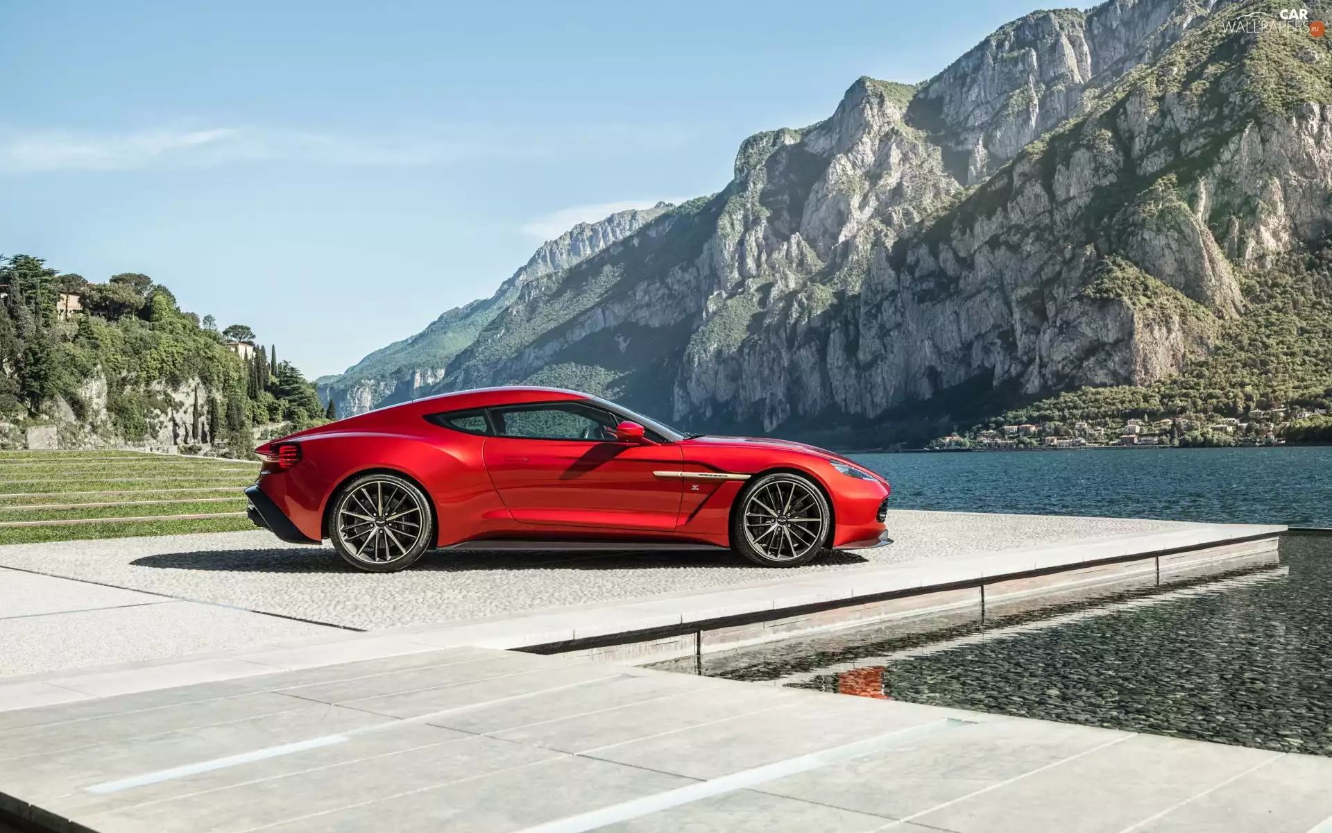 Red, Mountains, lake, Aston Martin Vanquish