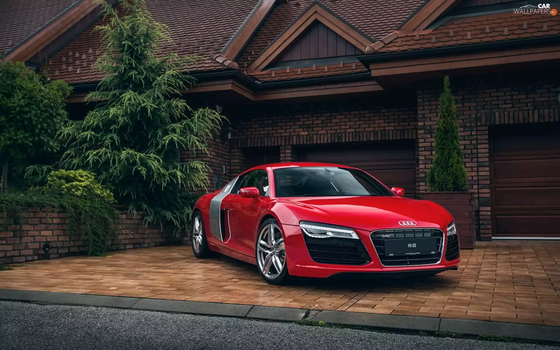 R8, Automobile, trees, Audi, Red, house, viewes