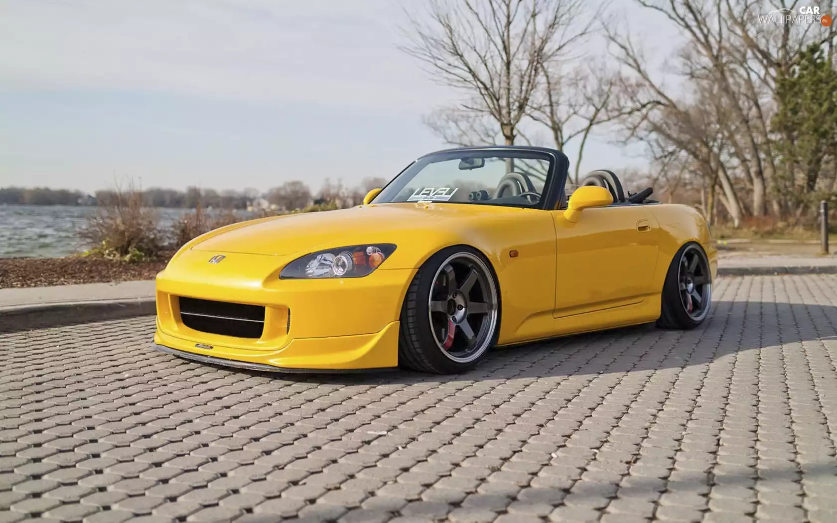 Yellow Honda, Honda, autumn, wheels, lake, S2000