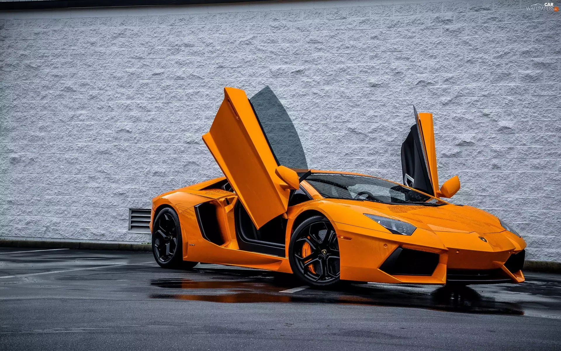 Rain, Orange, Lamborghini Aventador