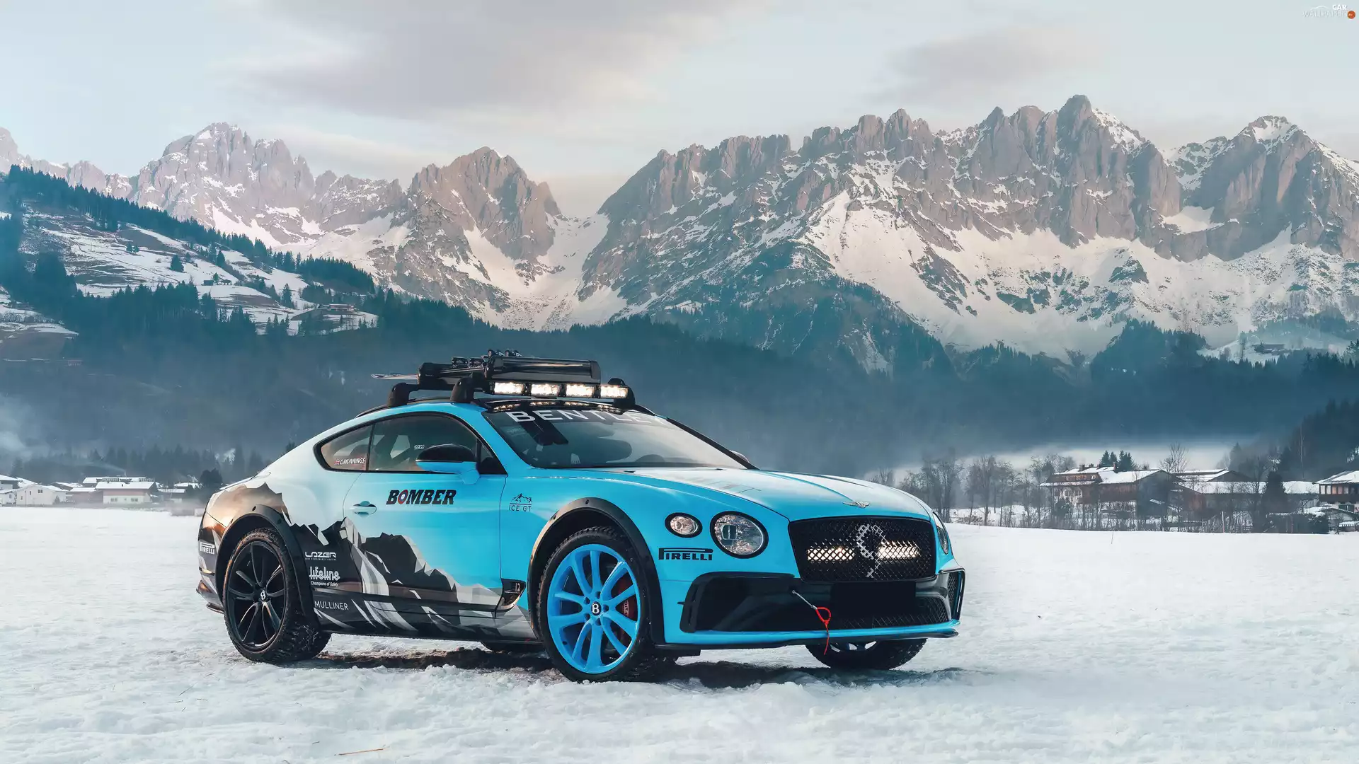 snow, blue, Bentley Continental GT