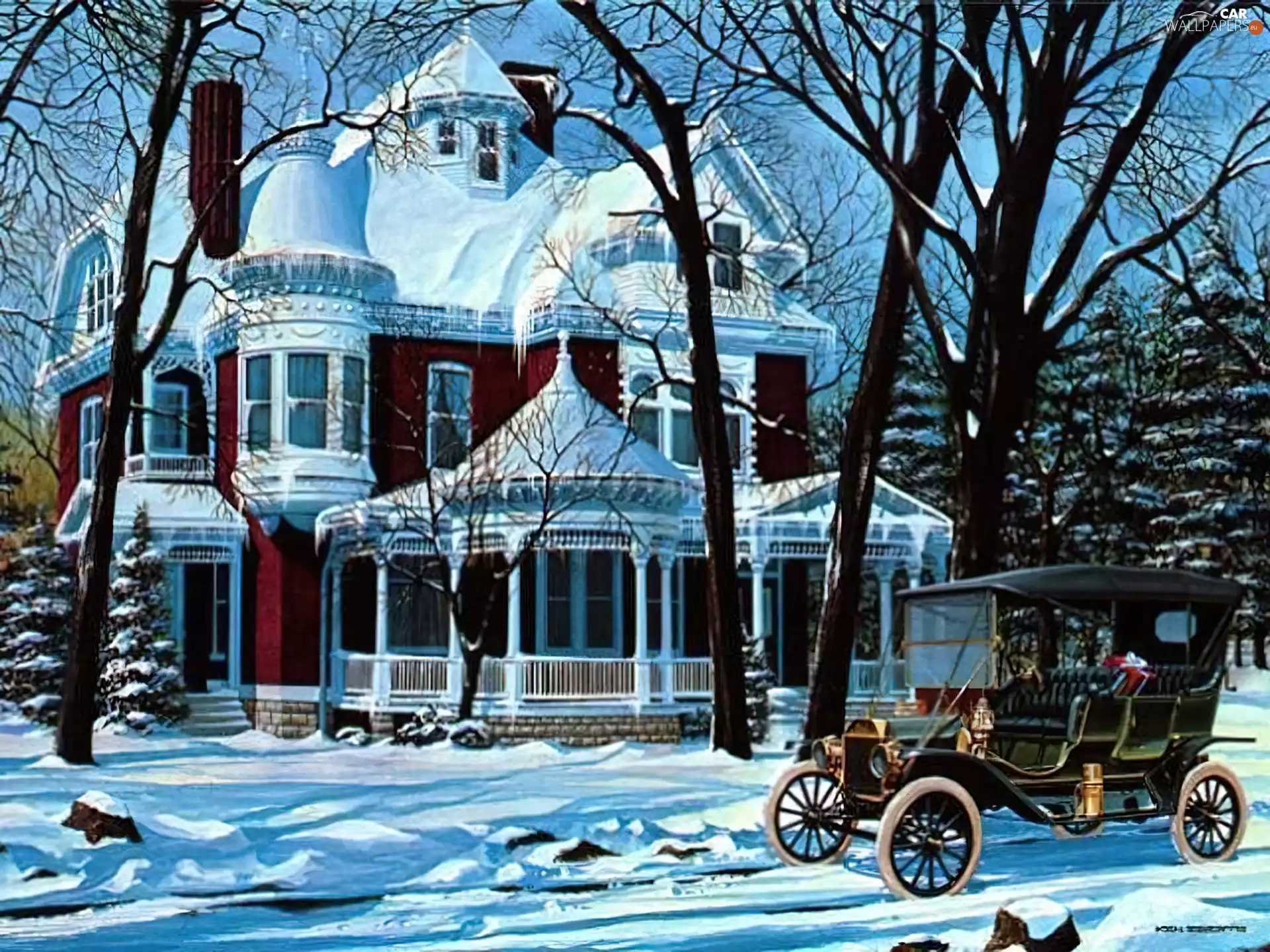 winter, Christmas, Classic Cars