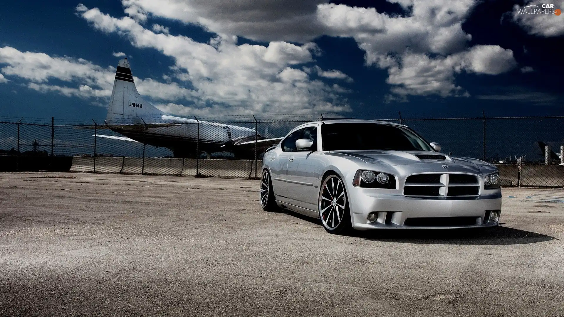 Automobile, airport, clouds, plane