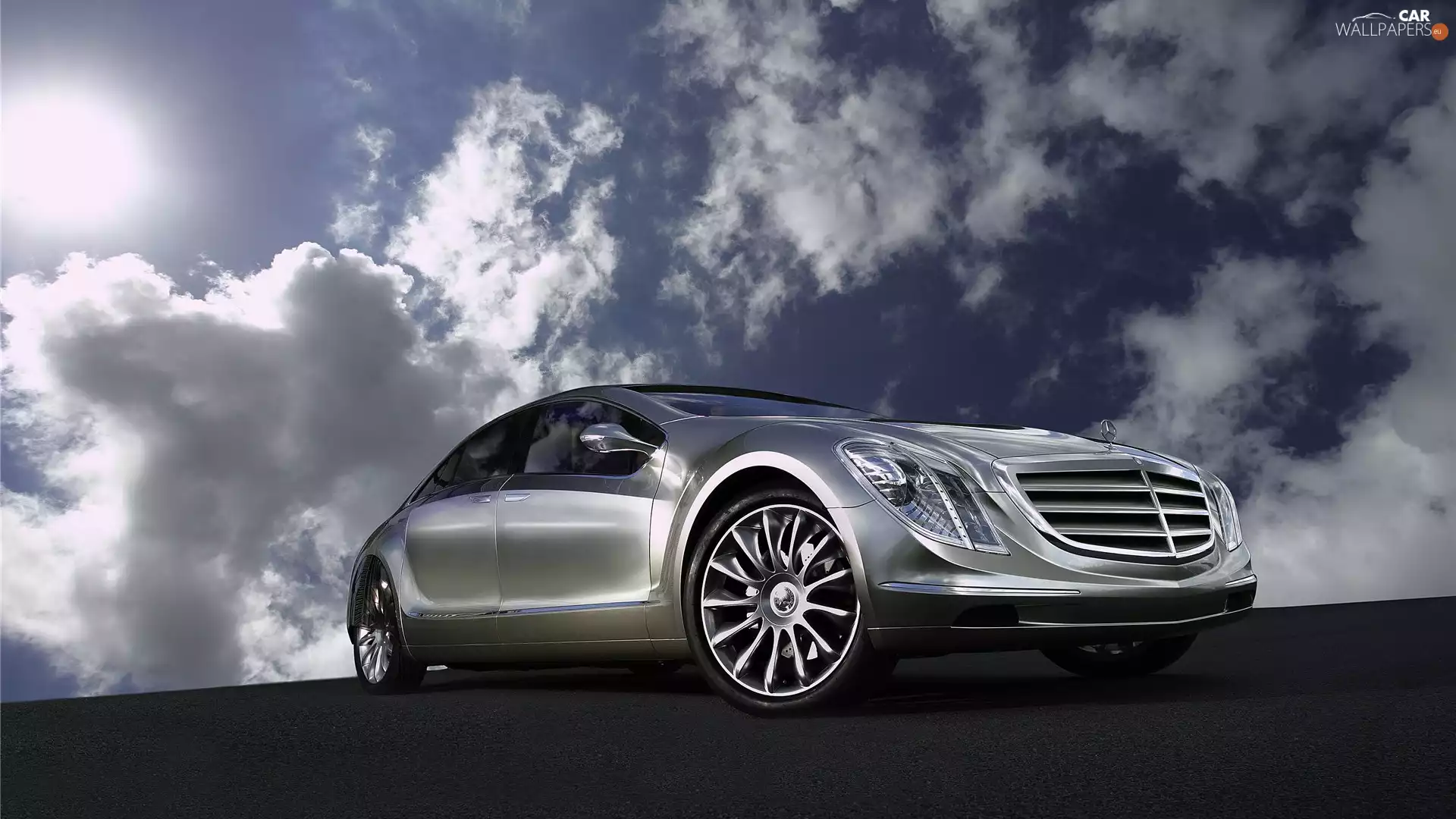 Mercedes, silver, Sky, clouds, Benz, Automobile