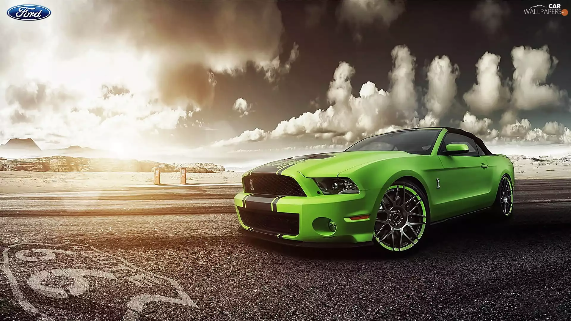Ford, Green, Way, clouds, Mustang, Automobile