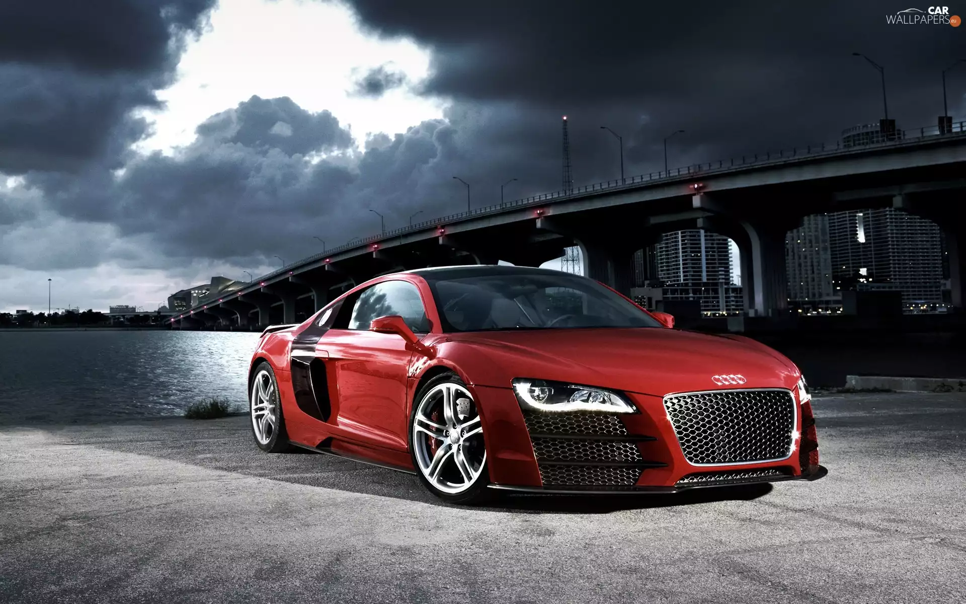 bridge, Audi R8, clouds