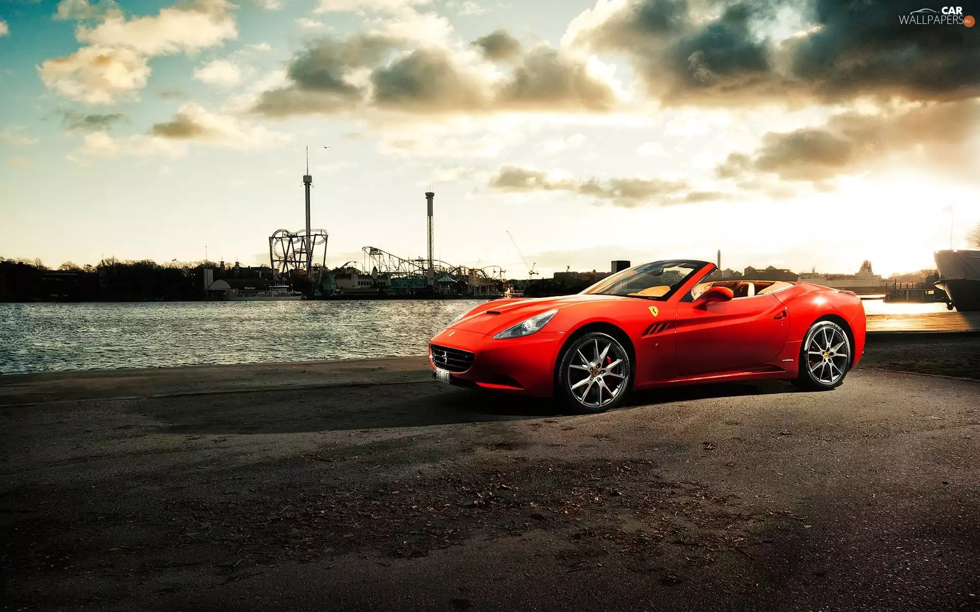California, Red, dark, clouds, wharf, Ferrari