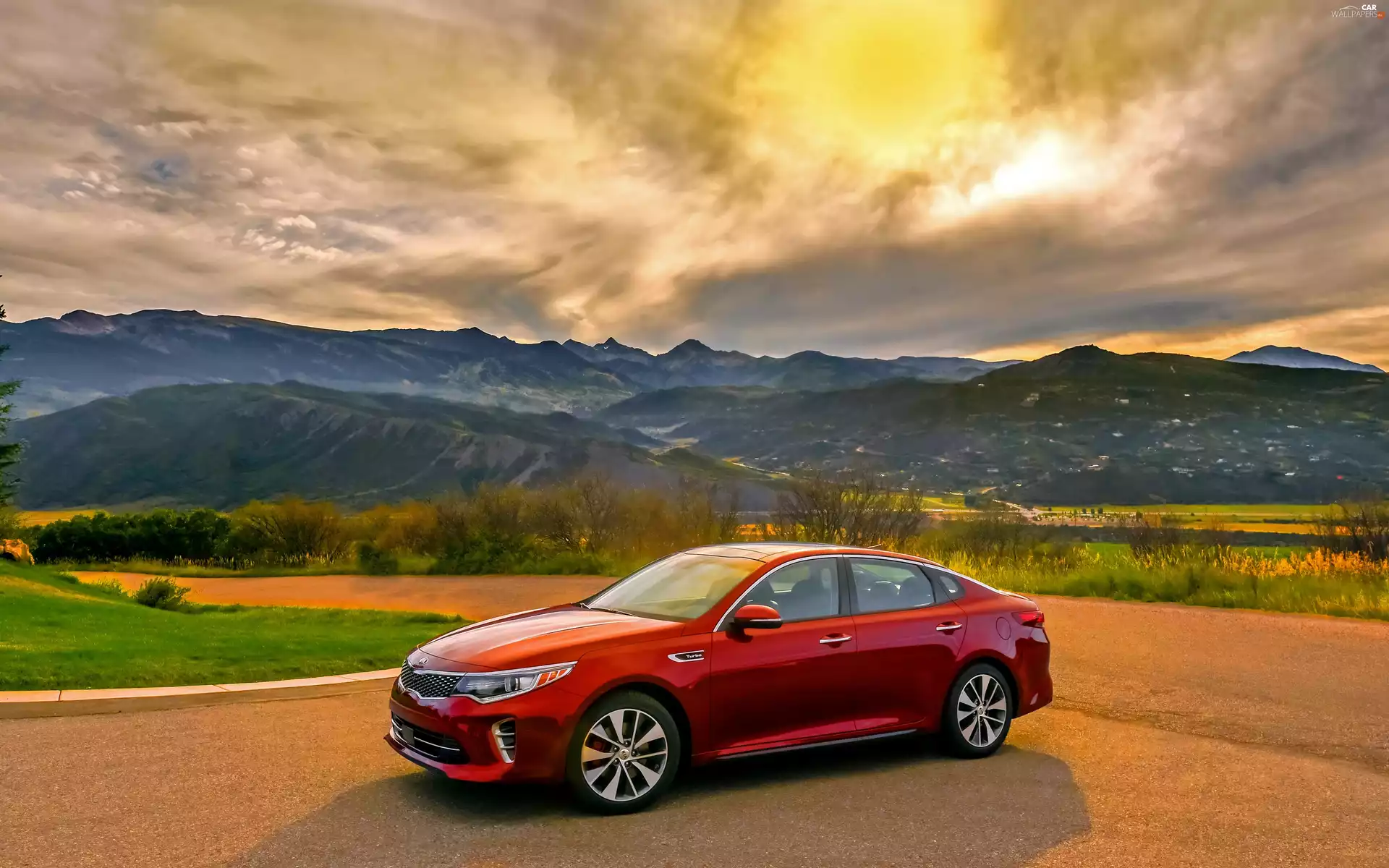 Mountains, clouds, Kia, Optima, Automobile
