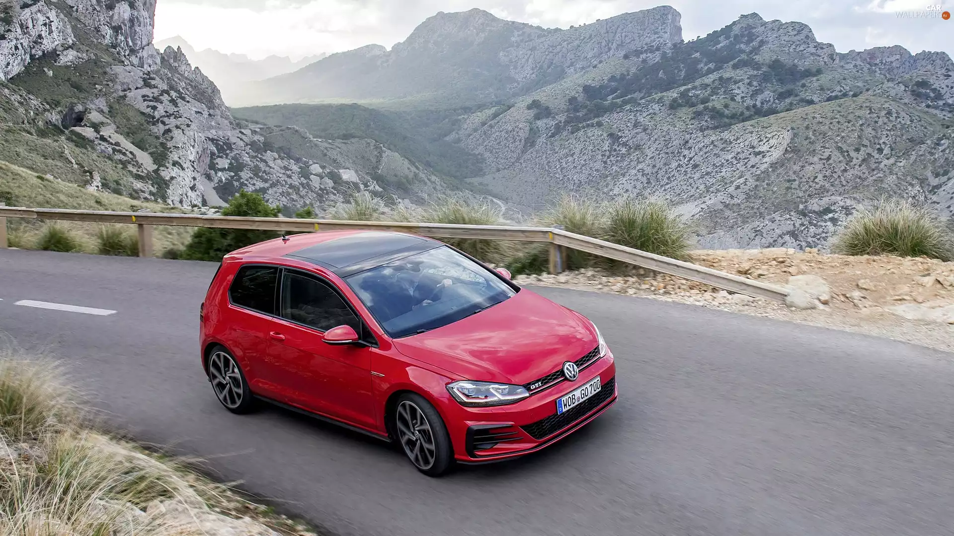 2017, Vokswagen Golf 7, Way, GTI Facelift, Red, Mountains, crash barrier