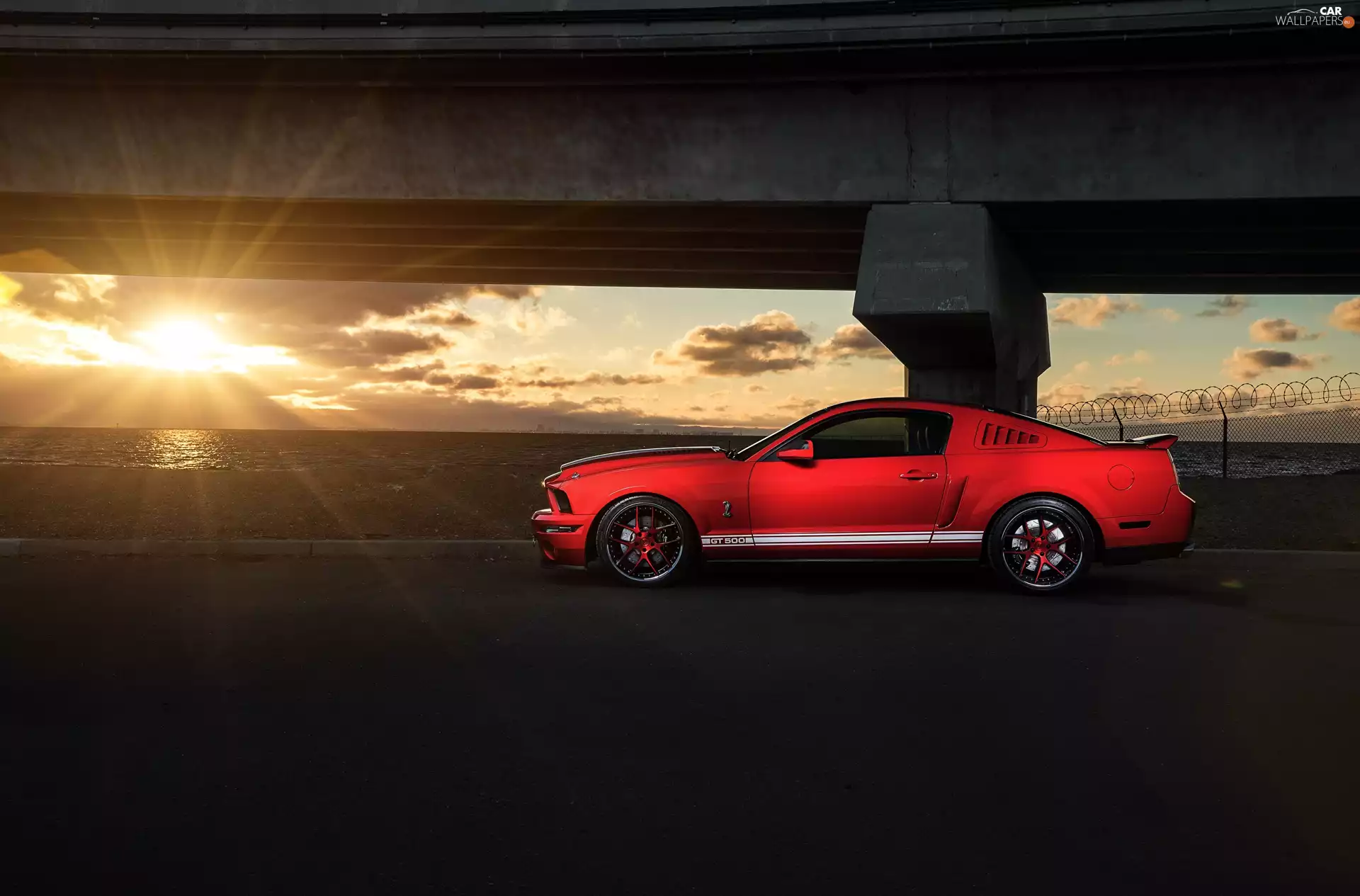 Red, rays, sun, Ford Mustang GT500