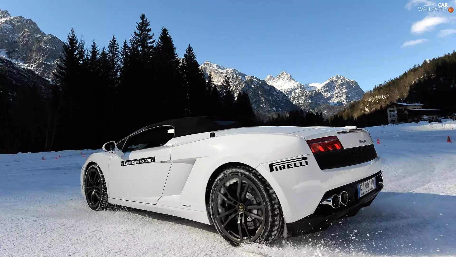 winter, Lamborghini, trees, Gallardo, White, Mountains, viewes