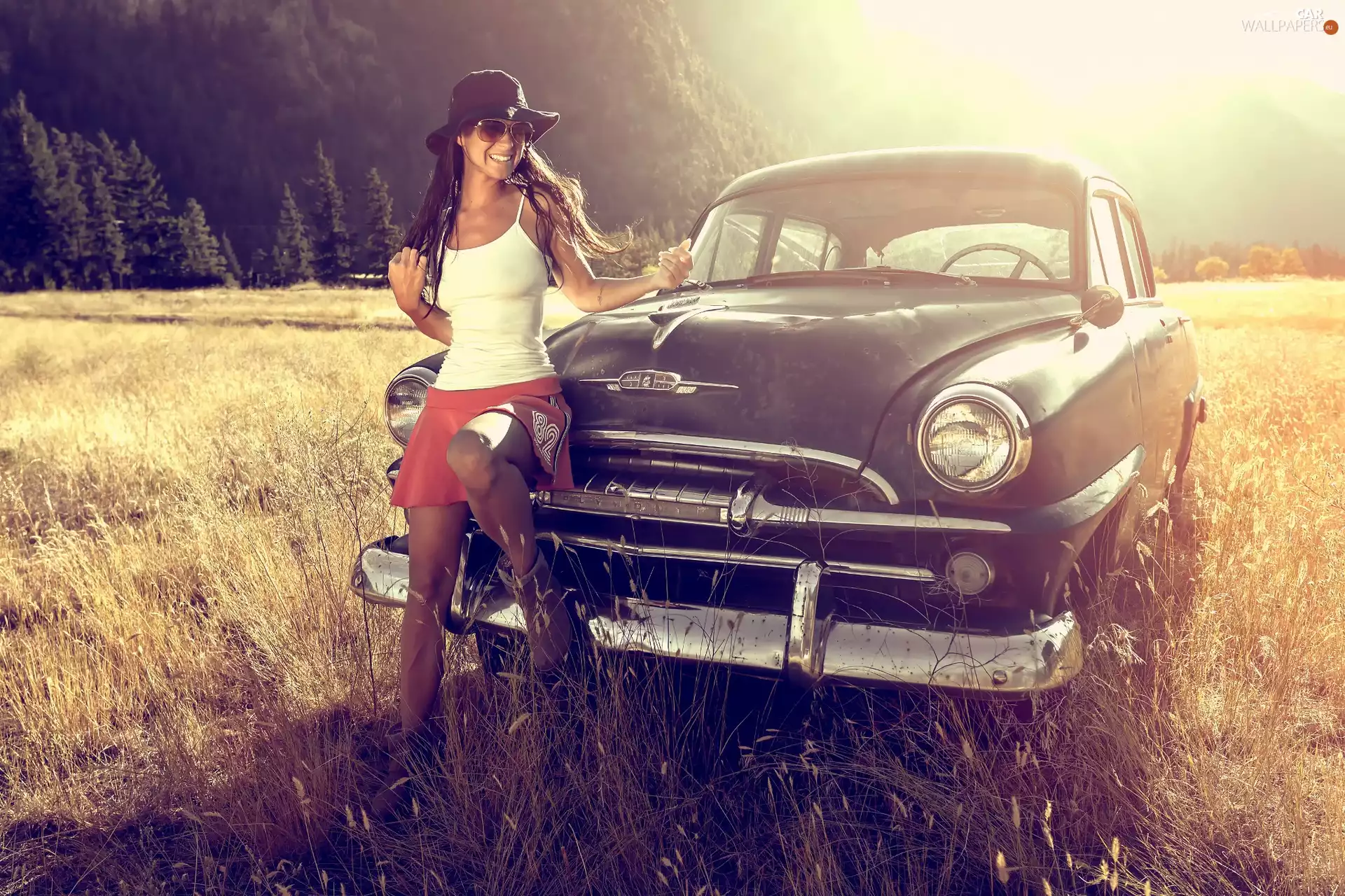 Hat, girl, Automobile, Glasses, smiling, summer, antique