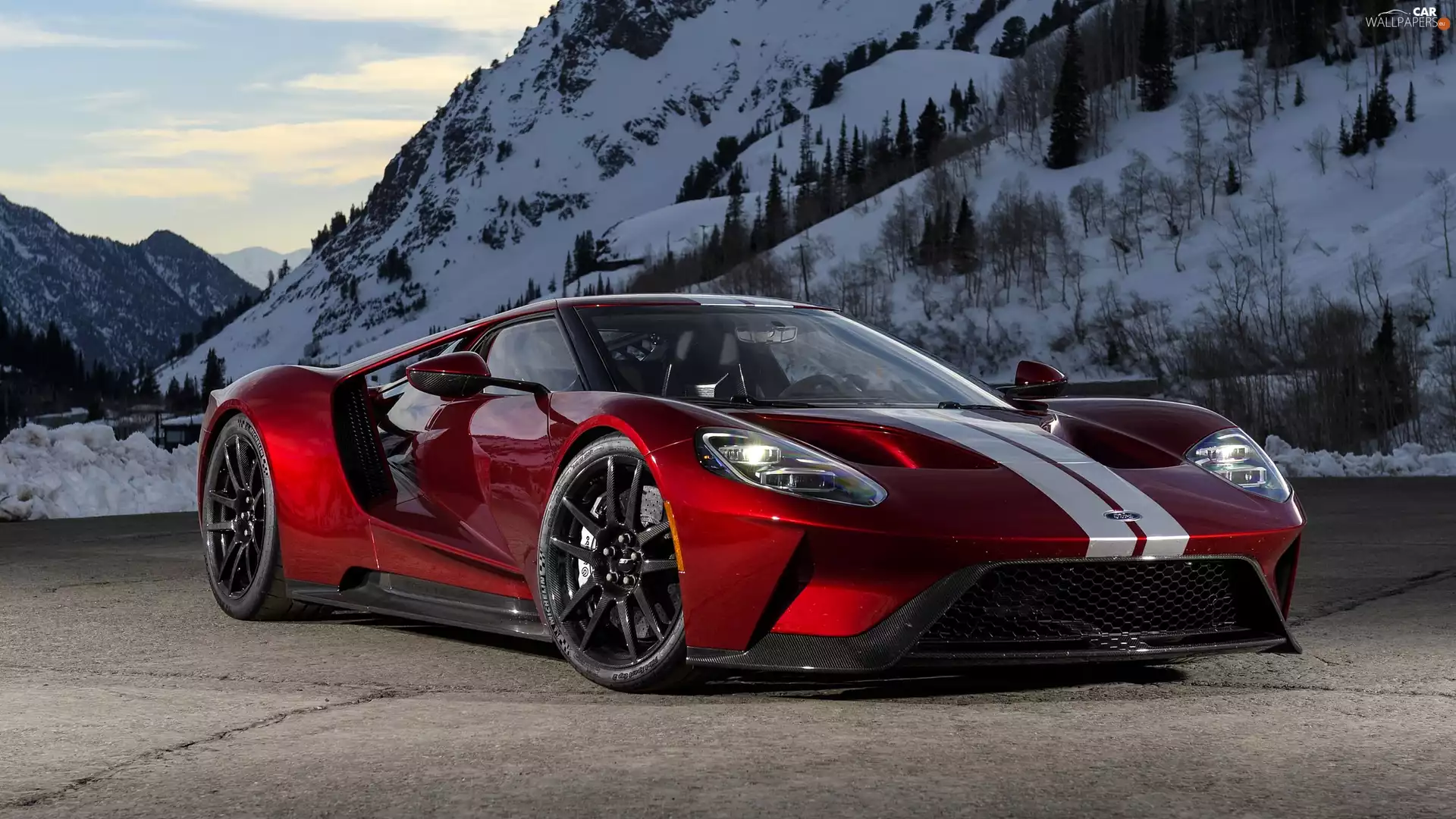 Snowy, Mountains, Ford GT, 2017, Red