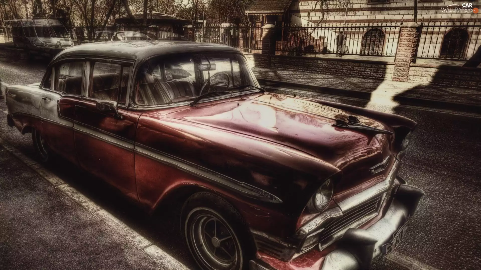 Red, antique, house, Old Photo, Street, Chevy Hdr