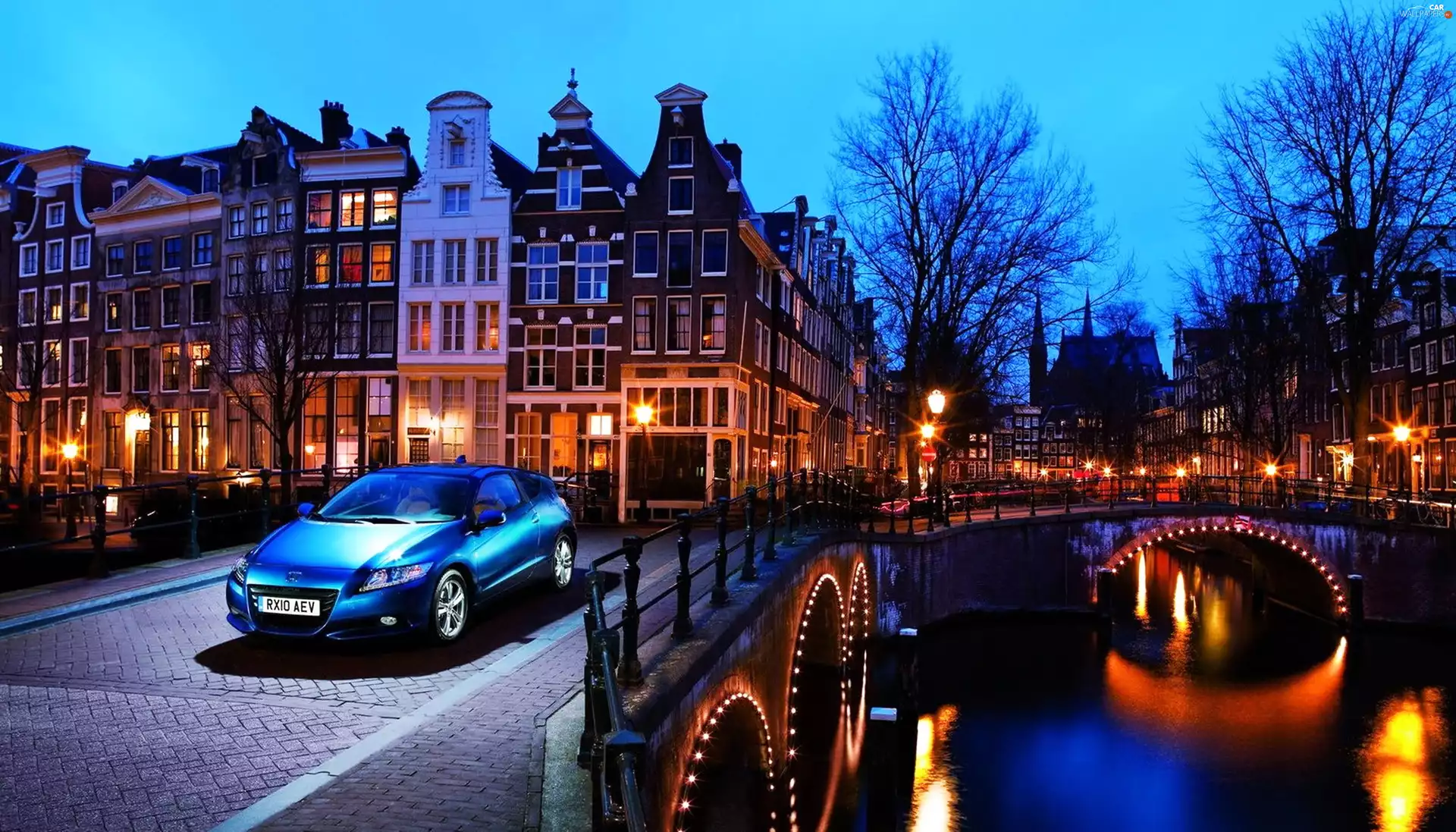 Automobile, Honda, night, canal, Amsterdam