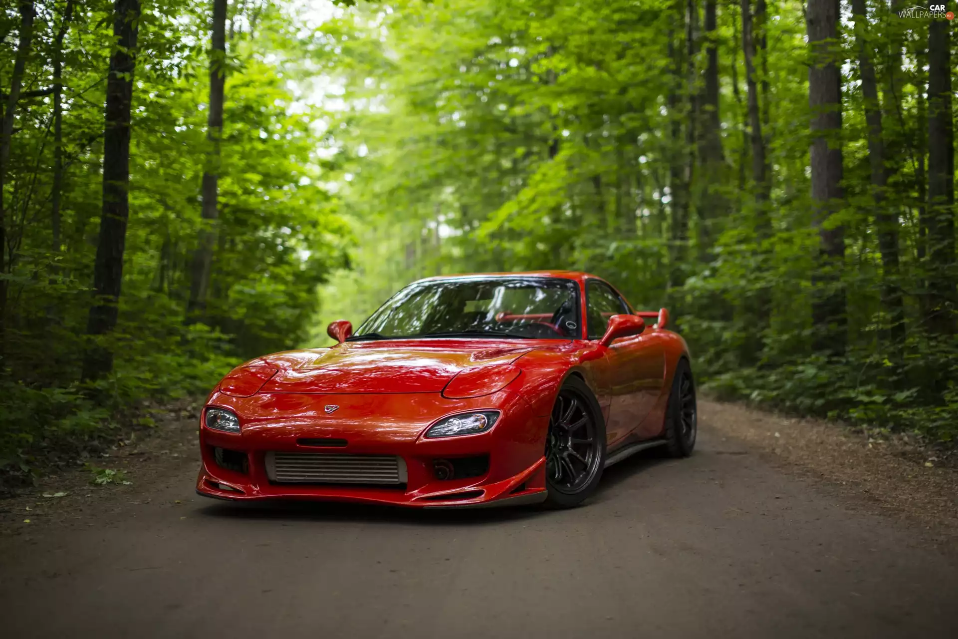 trees, viewes, Mazda RX-7, Way, red hot