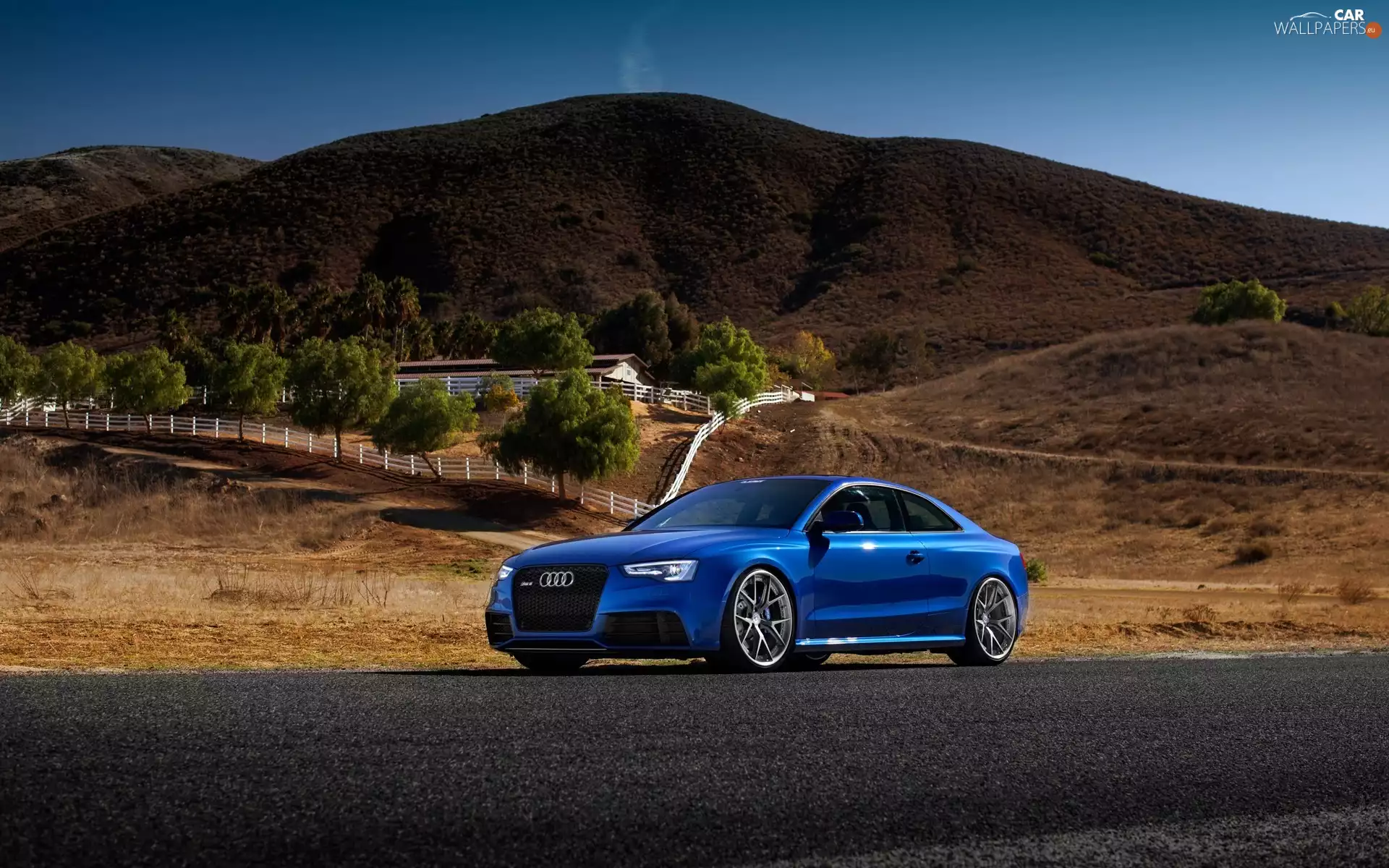 Houses, Mountains, fence, trees, Automobile, Audi RS5, Way, blue, viewes