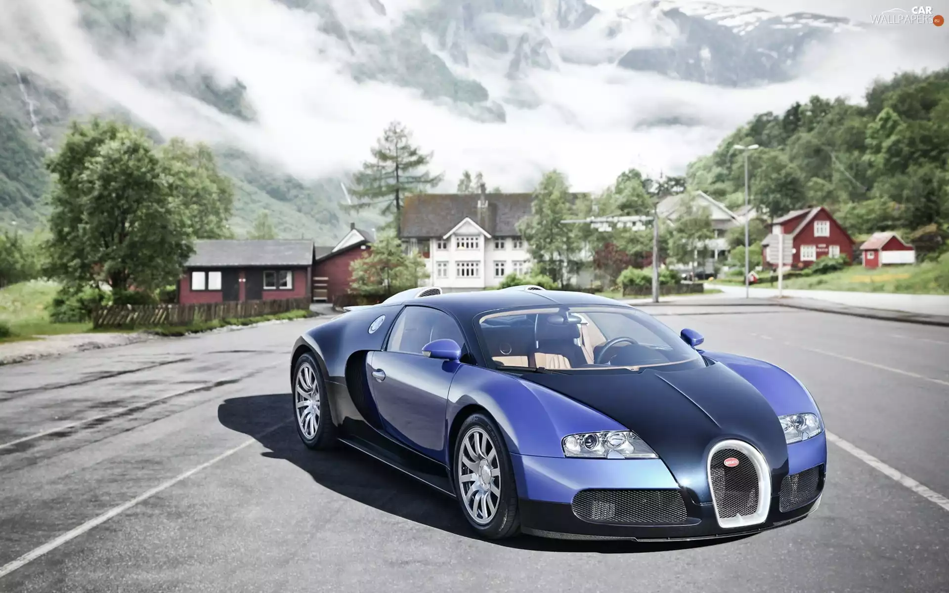 Street, Houses, Bugatti, Veyron, Blue