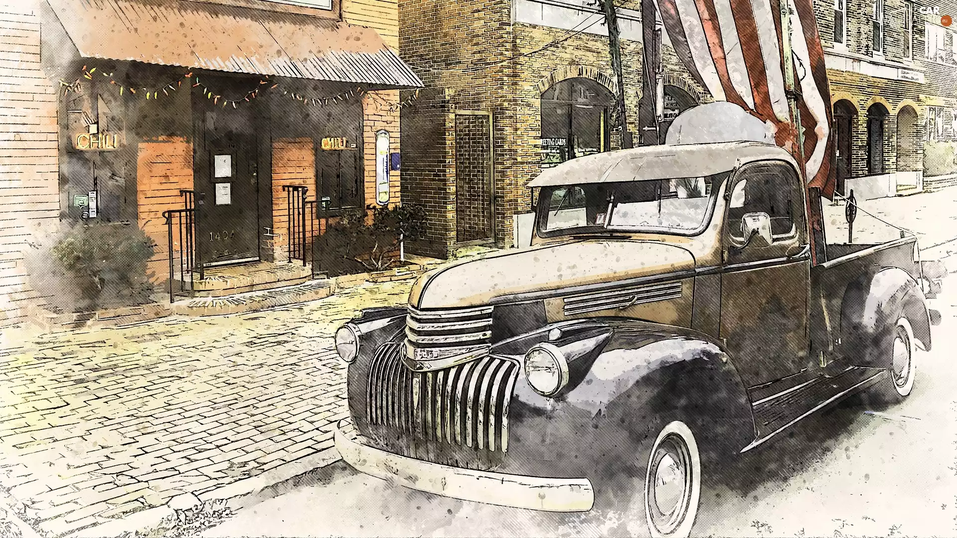 Street, graphics, Automobile, Houses, antique, Paintography