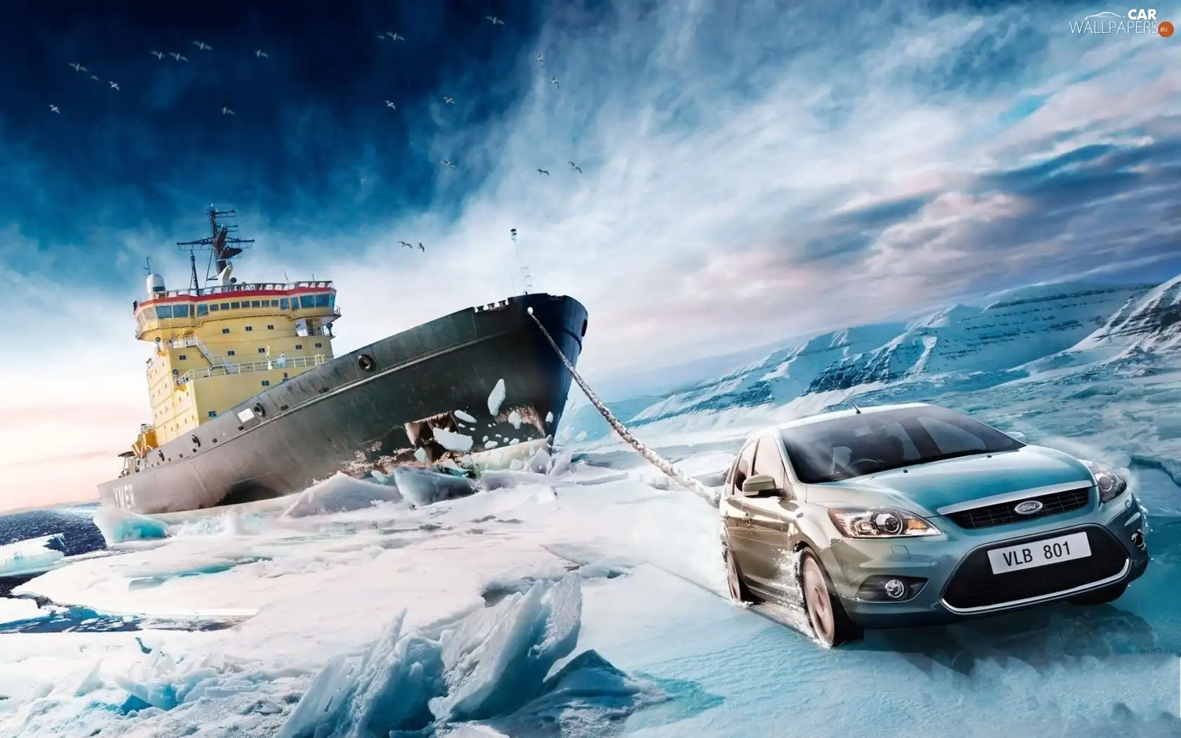 Ice-breaker, graphics, Automobile, Ford, sea, Ship