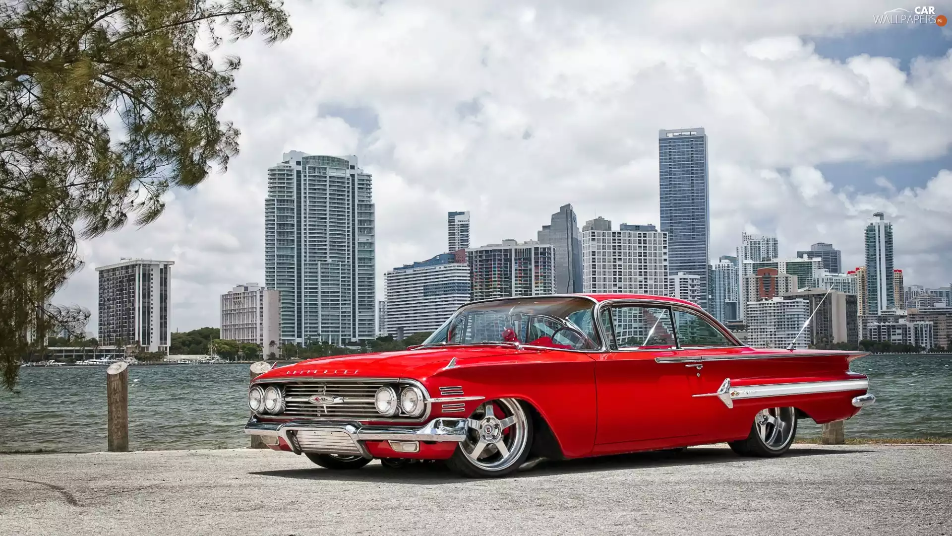 coast, Chevrolet, skyscrapers, Impala, Red, rivers, clouds