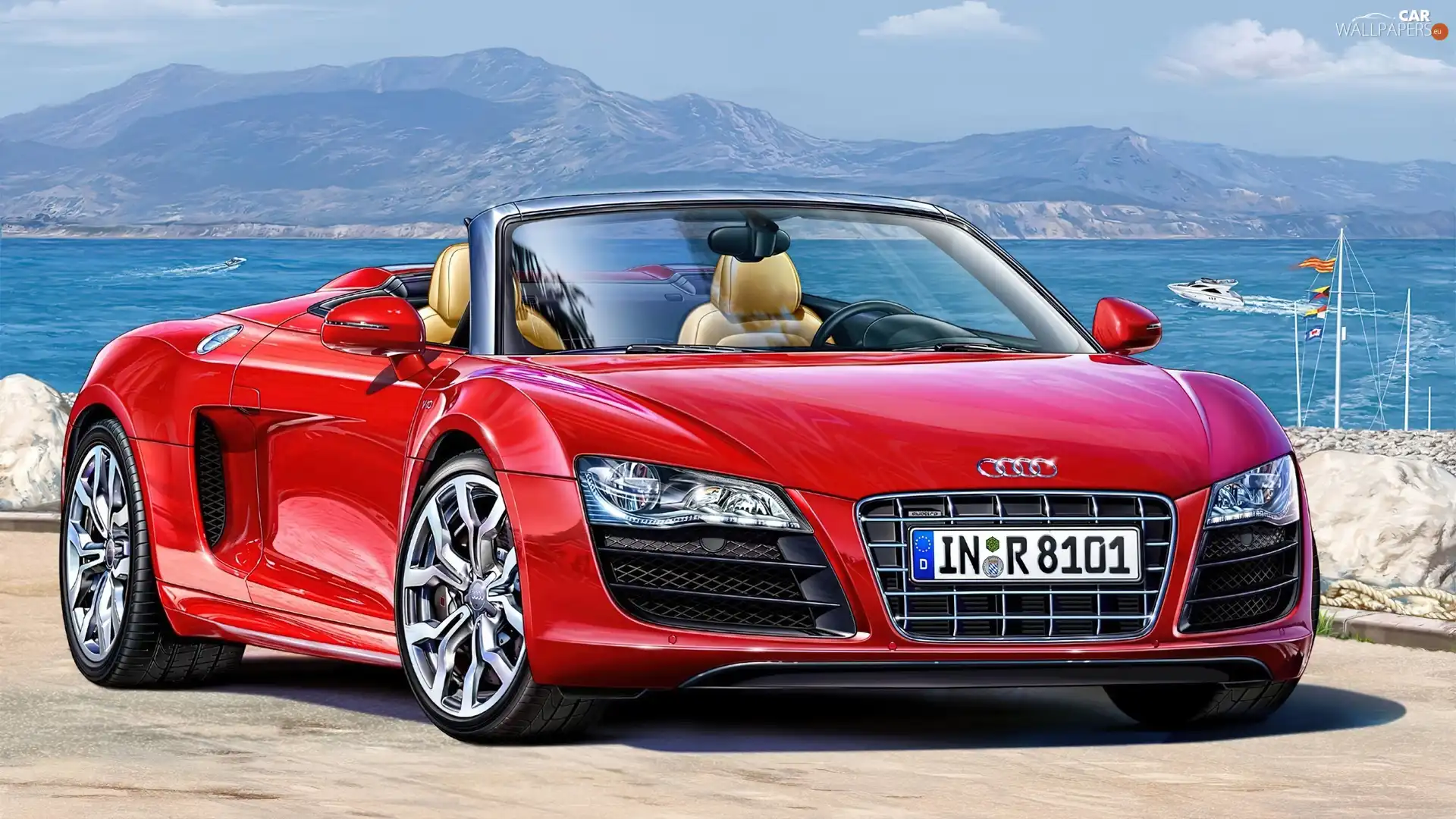 Mountains, water, Audi R8, Cabrio, Red