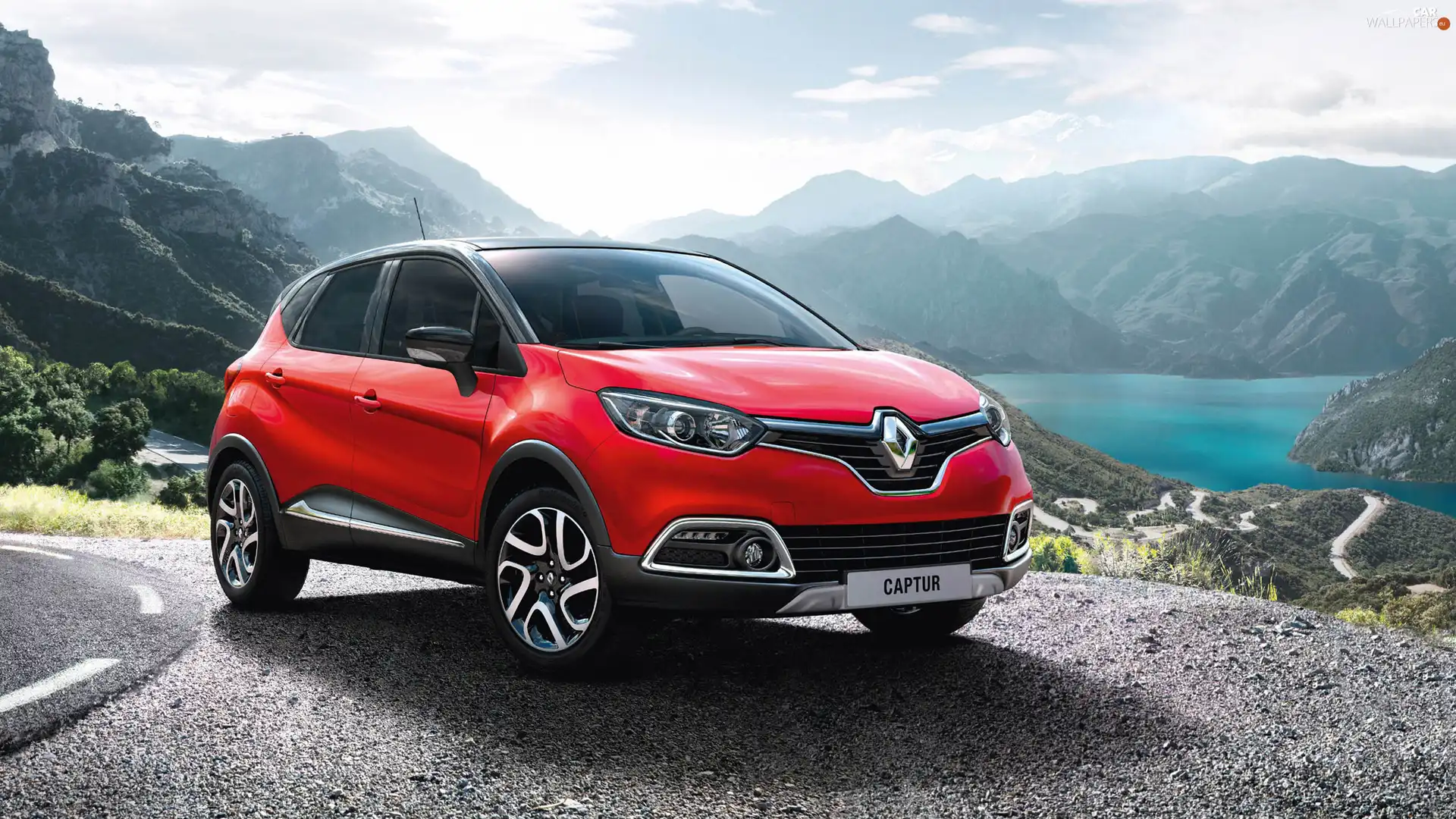 Red, Mountains, lake, Renault Captur