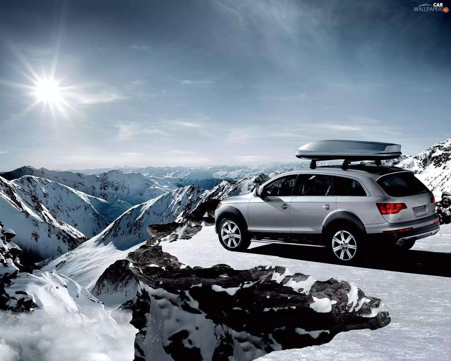 sun, Audi Q7, Mountains