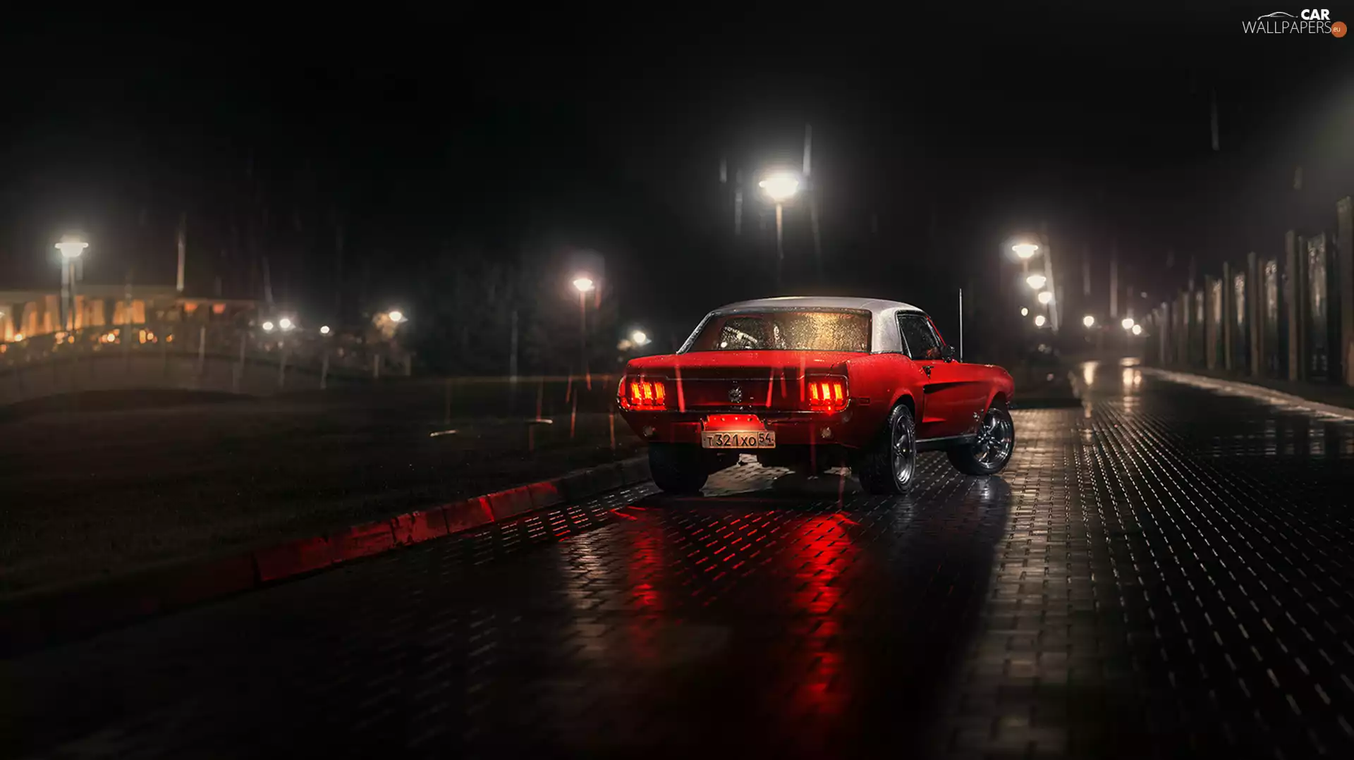 Rain, Night, Ford, Mustang, Red