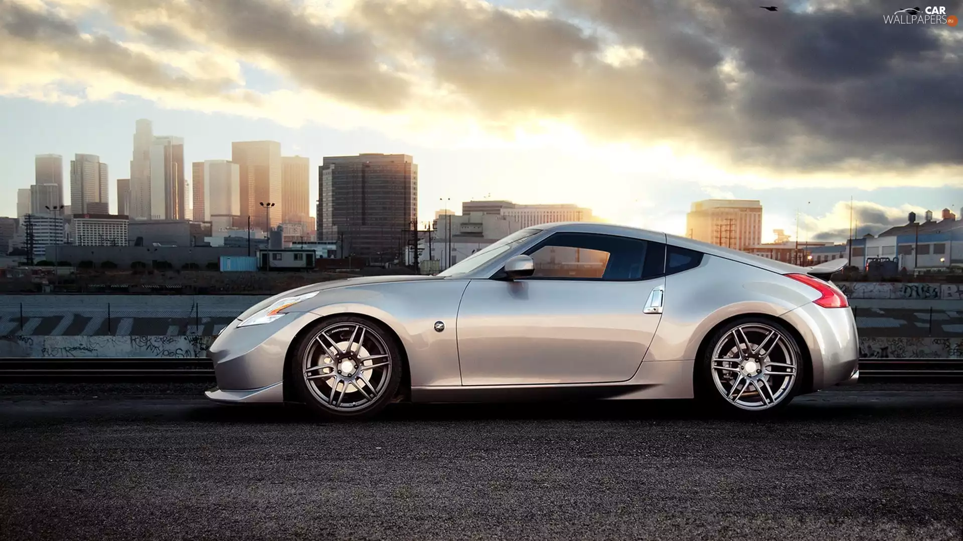 Town, clouds, silver, Nissan 370Z, Automobile