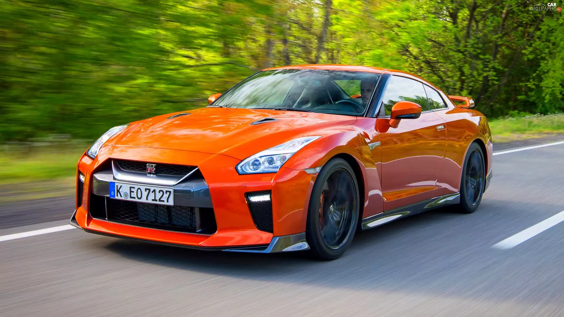 Red, forest, Way, Nissan GT-R