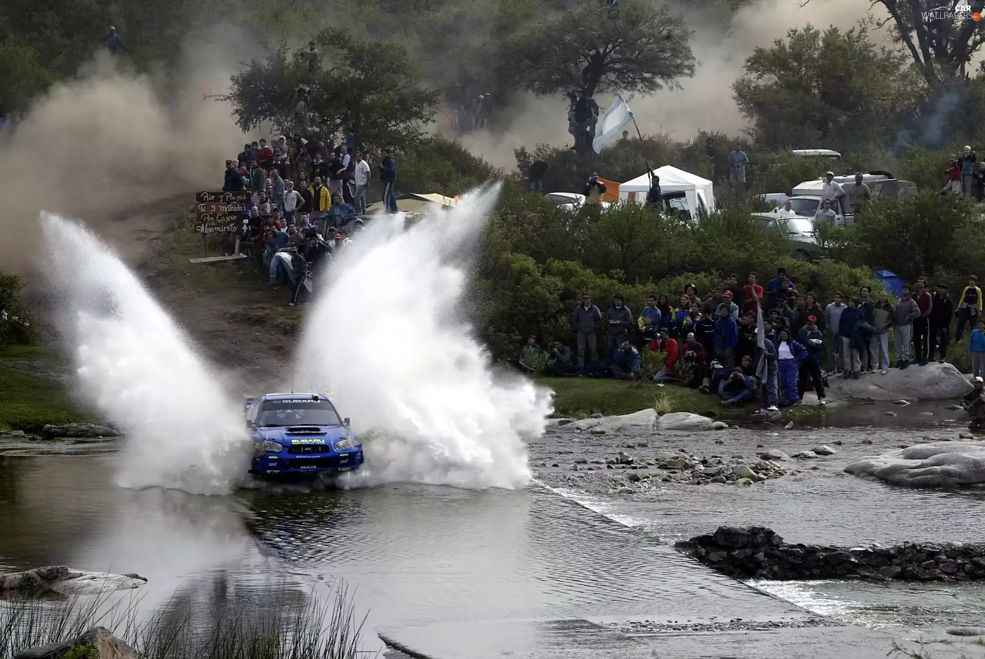 Party, River, People, Stones, viewes, Subaru, Rally automobile, trees