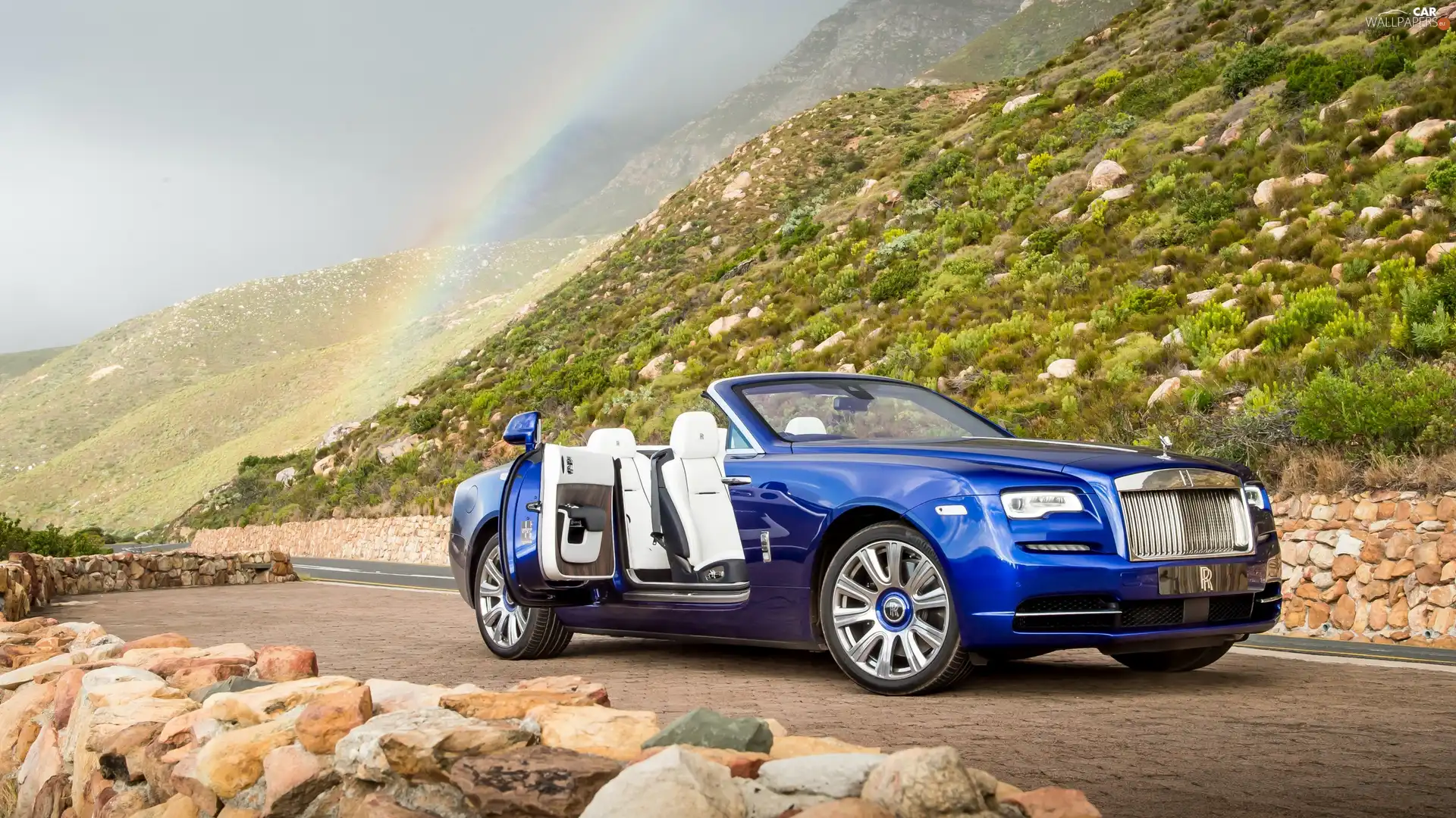 2016, Cabriolet, Way, Great Rainbows, The Hills, Rolls-Royce Dawn, blue, Stones