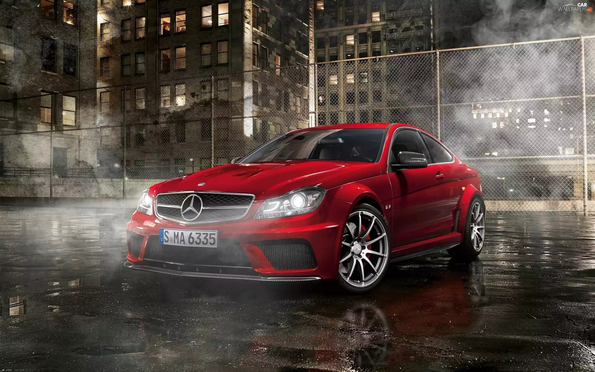 Red, Automobile, Street, parking, Night, Mercedes Benz C63 AMG