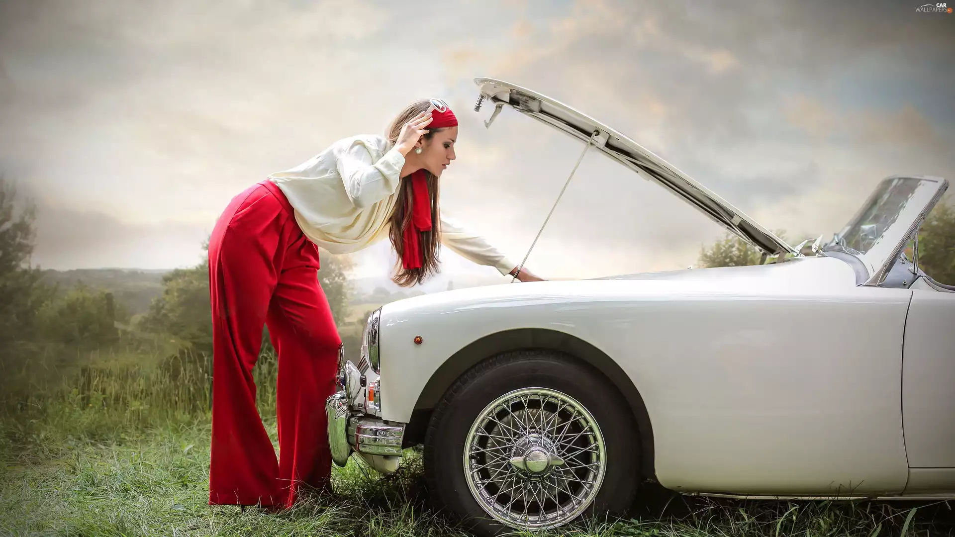 mode, Automobile, Red, Repair, Blonde, style, trousers