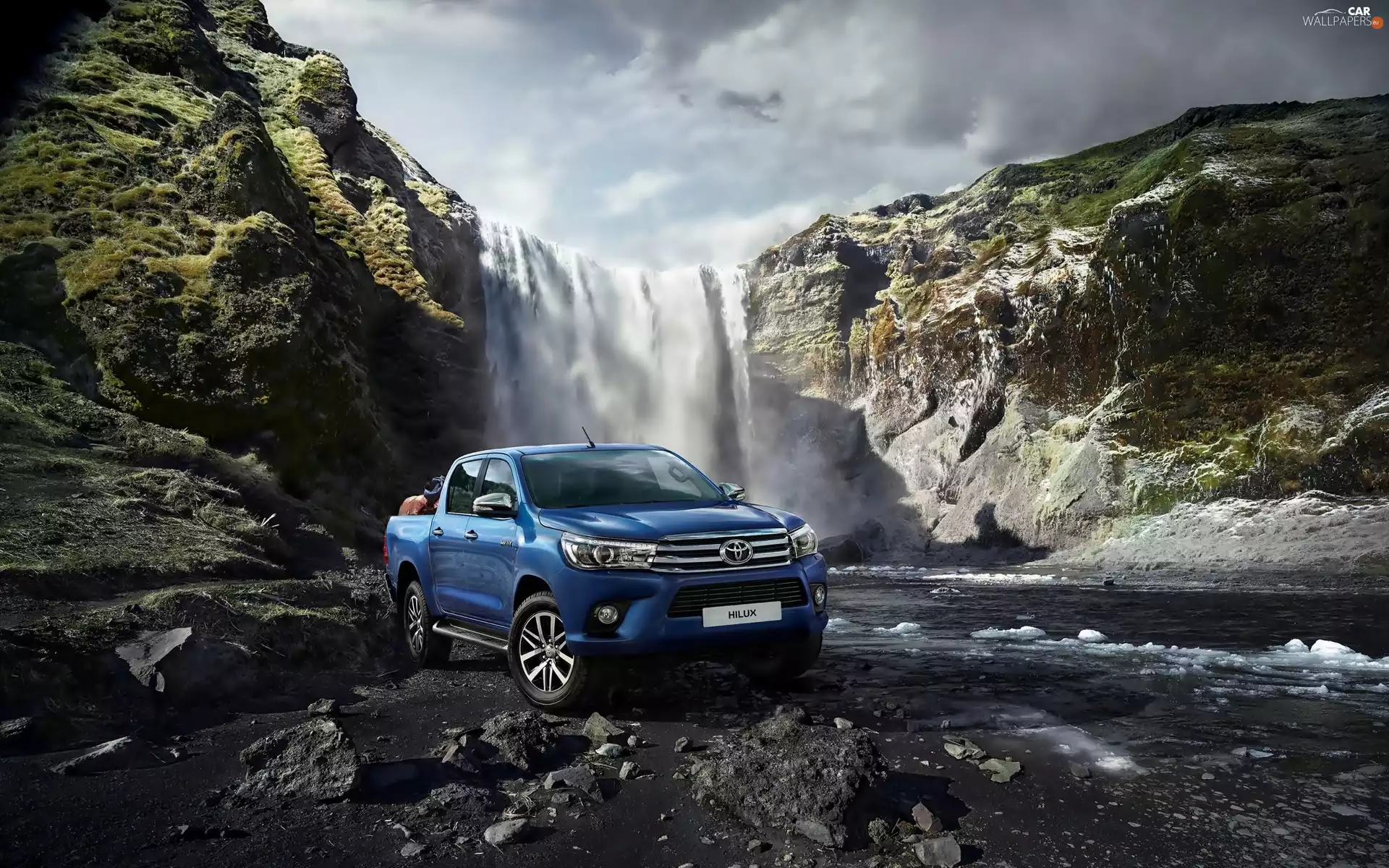 Automobile, Toyota Hilux, River, rocks, waterfall