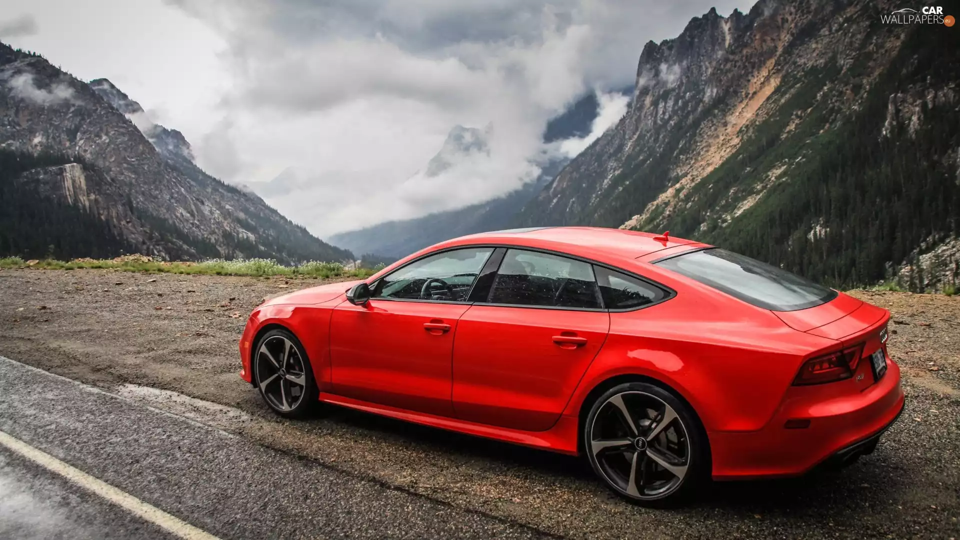 Audi, RS7, Mountains, clouds, Way