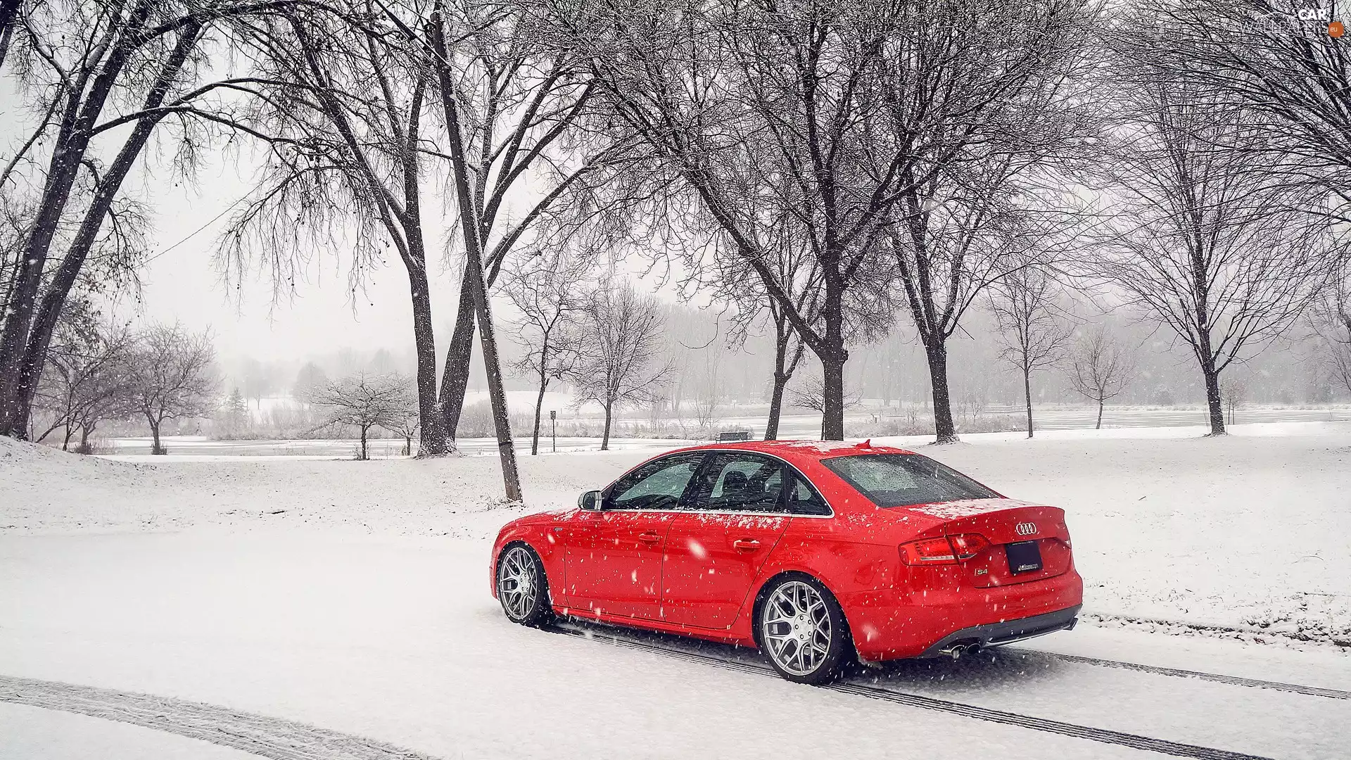 snow, winter, Audi S4 B8, Sedan, Red