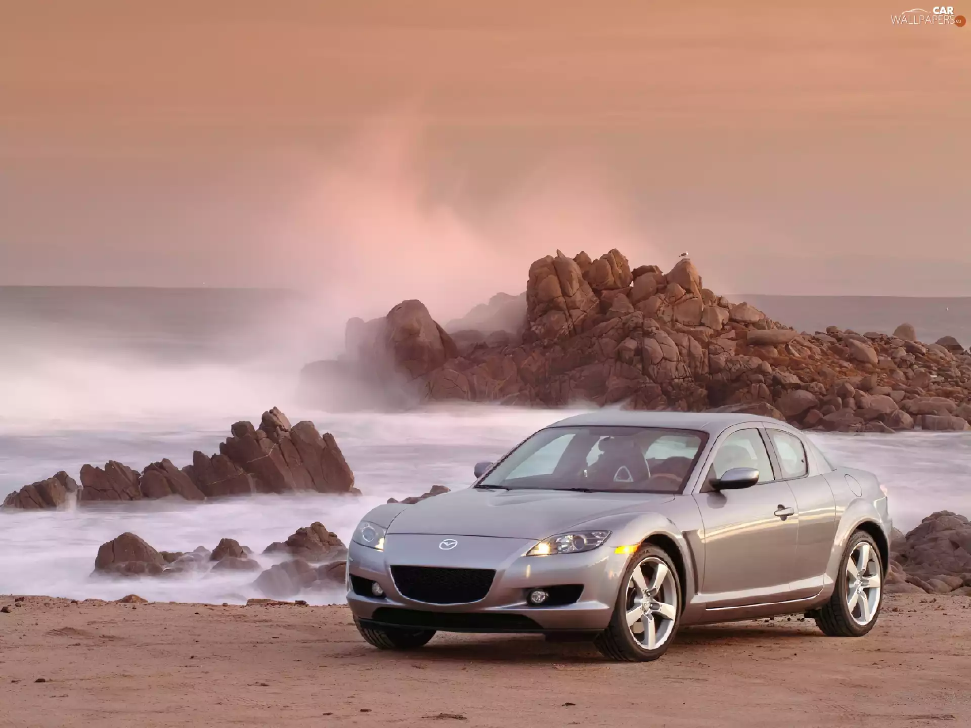 rocks, Mazda RX8, sea