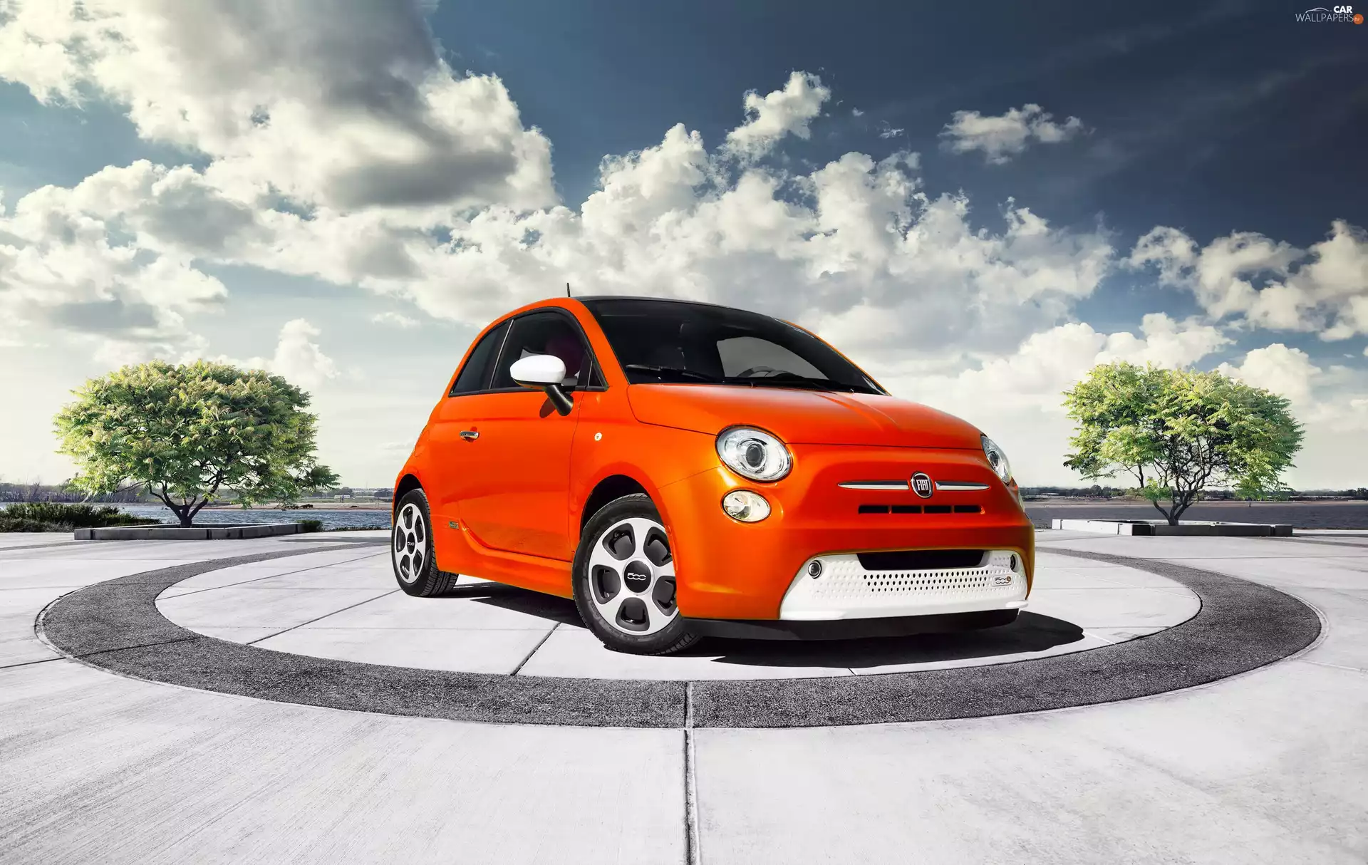 Sky, motor car, viewes, Fiat 500, Orange, trees, square