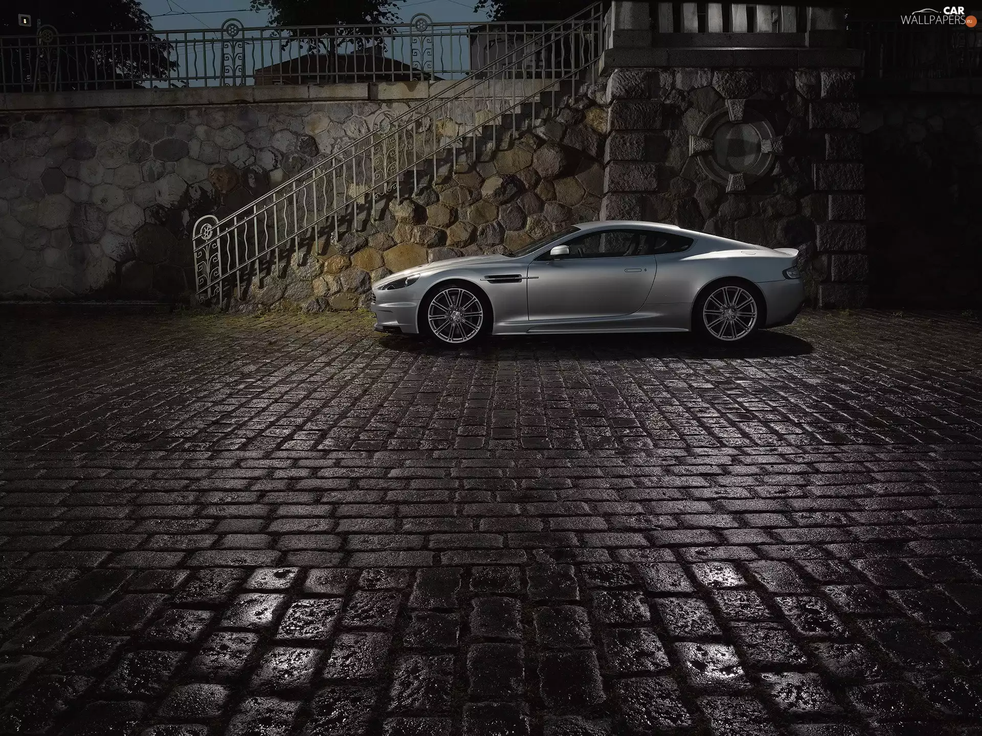 brick, Aston Martin DBS, wall, Stairs, paving, Street