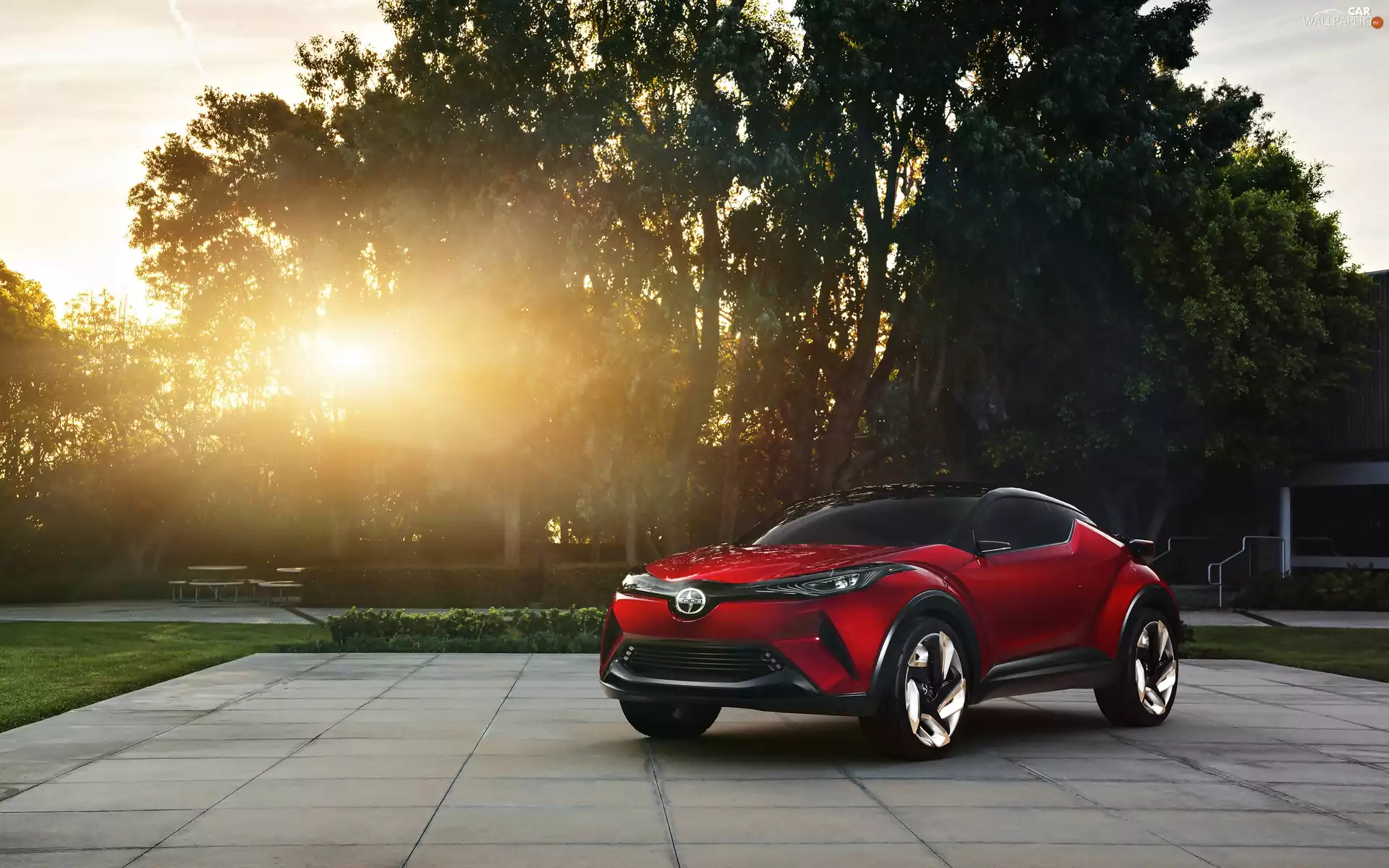 Scion, Red, viewes, sun, trees, Automobile