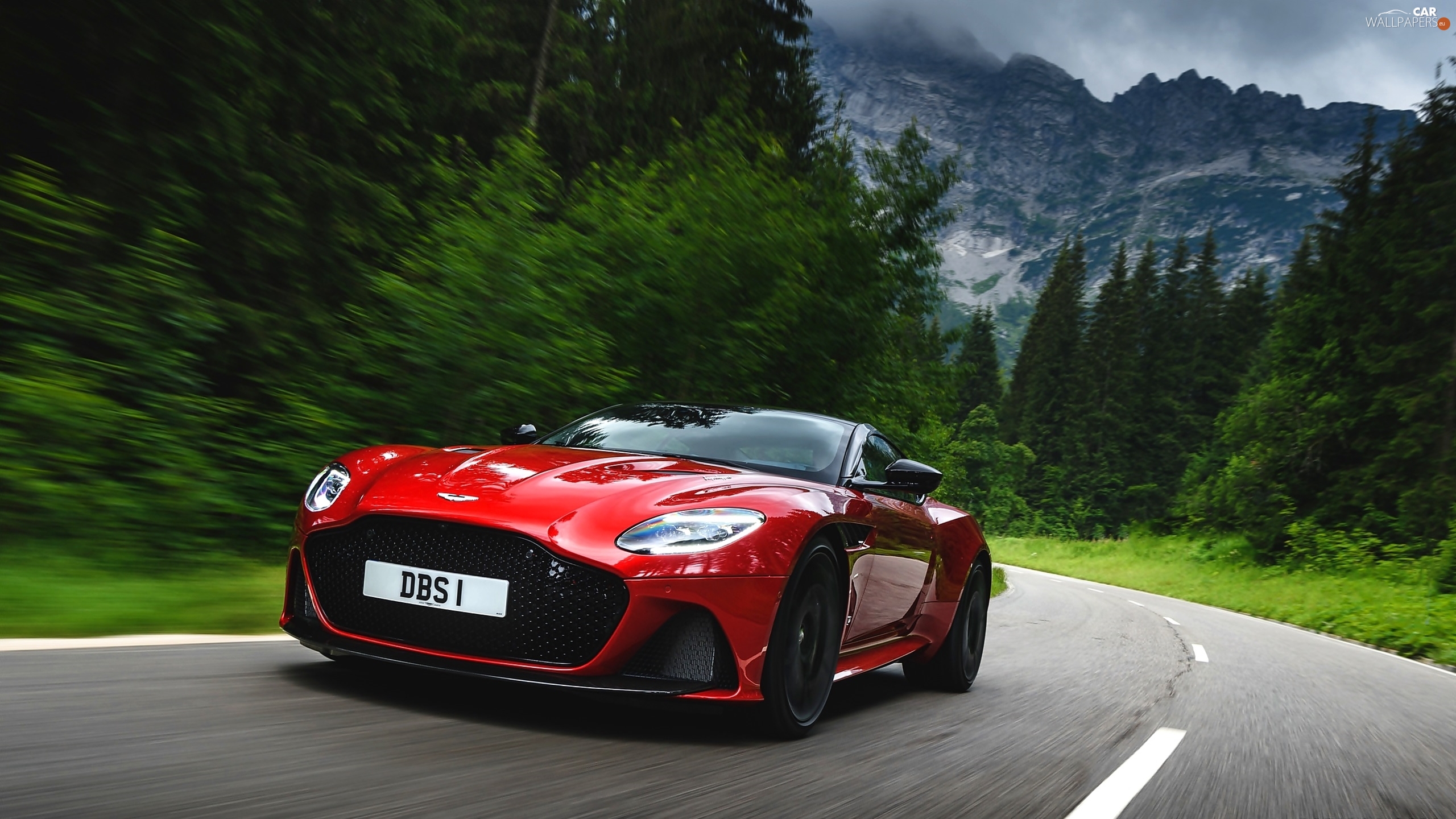 Way, Aston Martin DBS, viewes, Mountains, trees, Superleggera