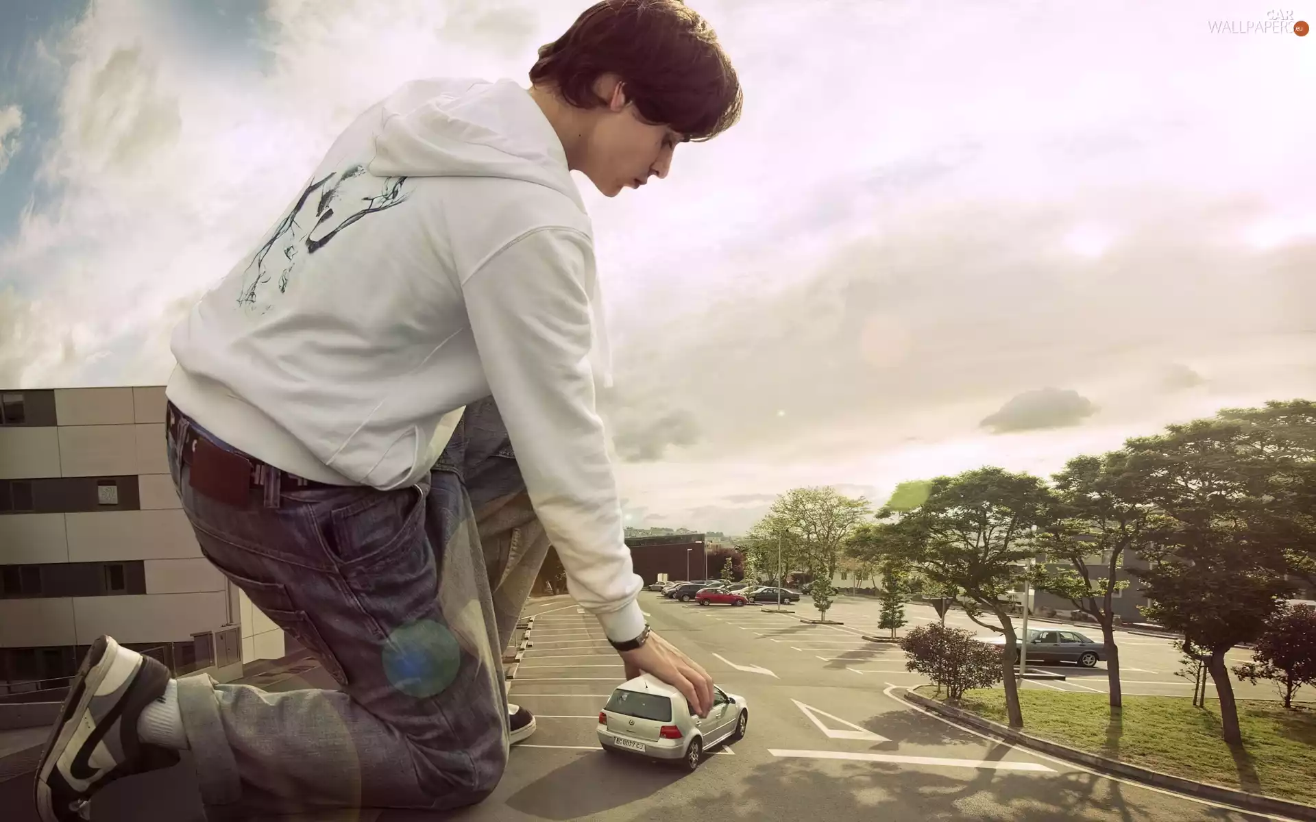 trees, giant, house, motor car, a man, viewes, Street