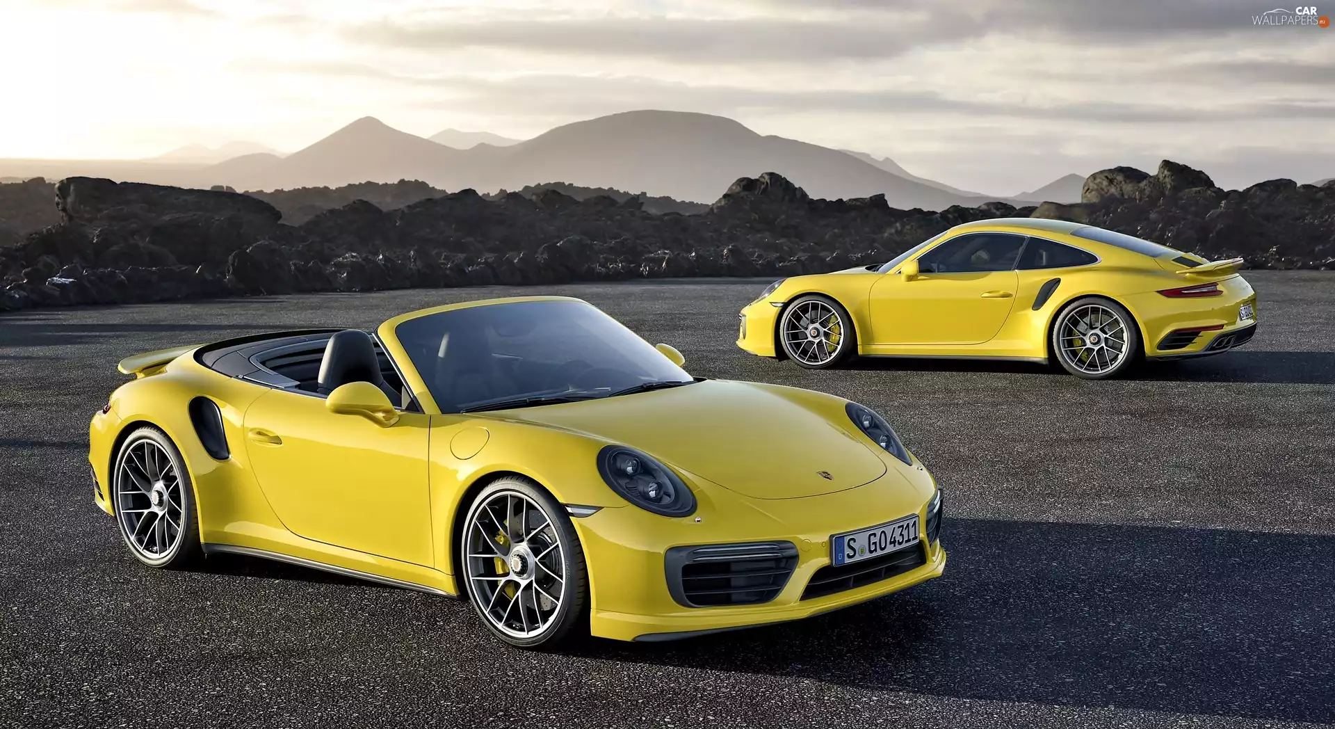 Porsche, Two cars, Turbo, Mountains, 911, Yellow