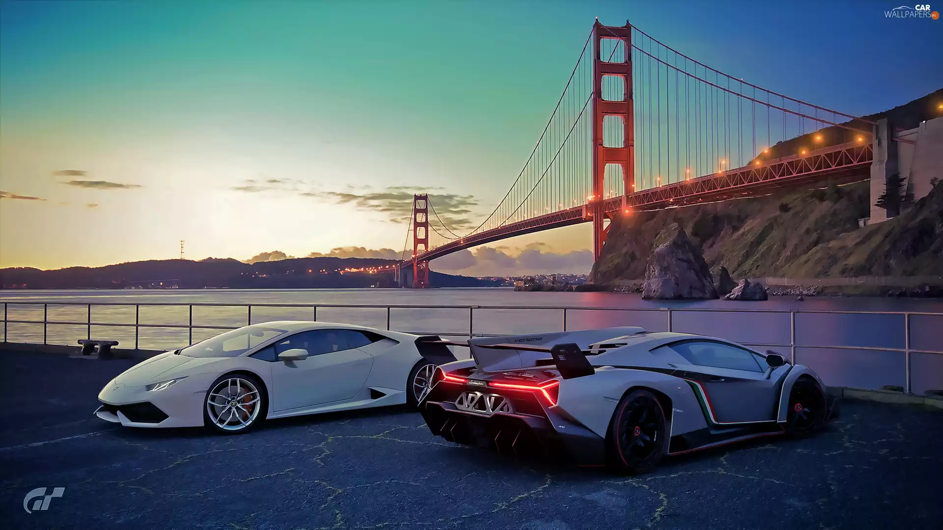 Lamborghini Huracan, cars, bridge, XBox, evening, parking, PC, Lamborghini Veneno, Ps4, Games, Sport games, wharf, Gran Turismo