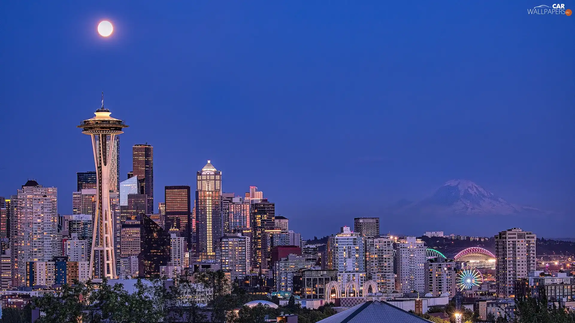 Seattle, tower, fullness, Space Needle, moon, Washington State, The United States, skyscrapers