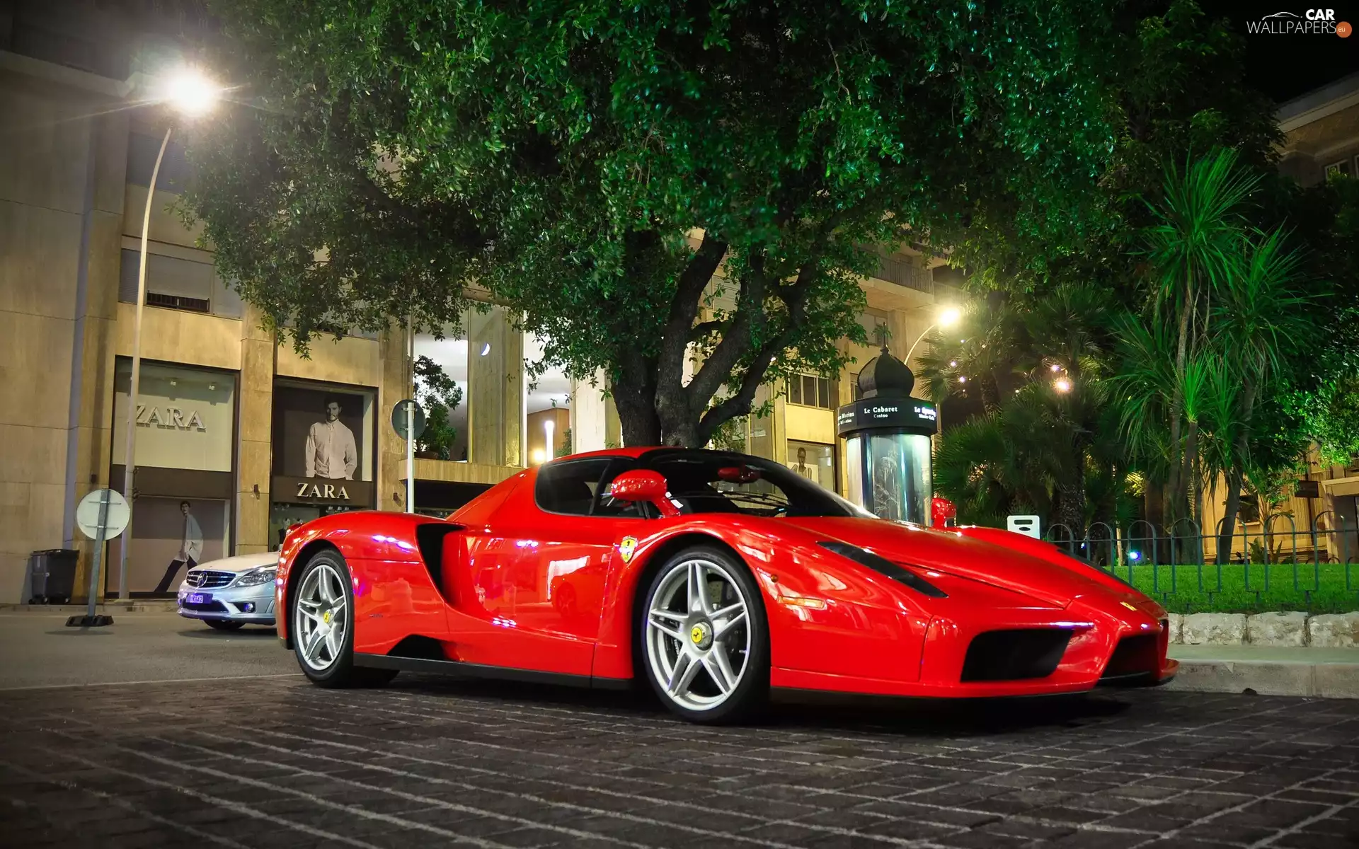 Enzo, Red, trees, viewes, Street, Ferrari